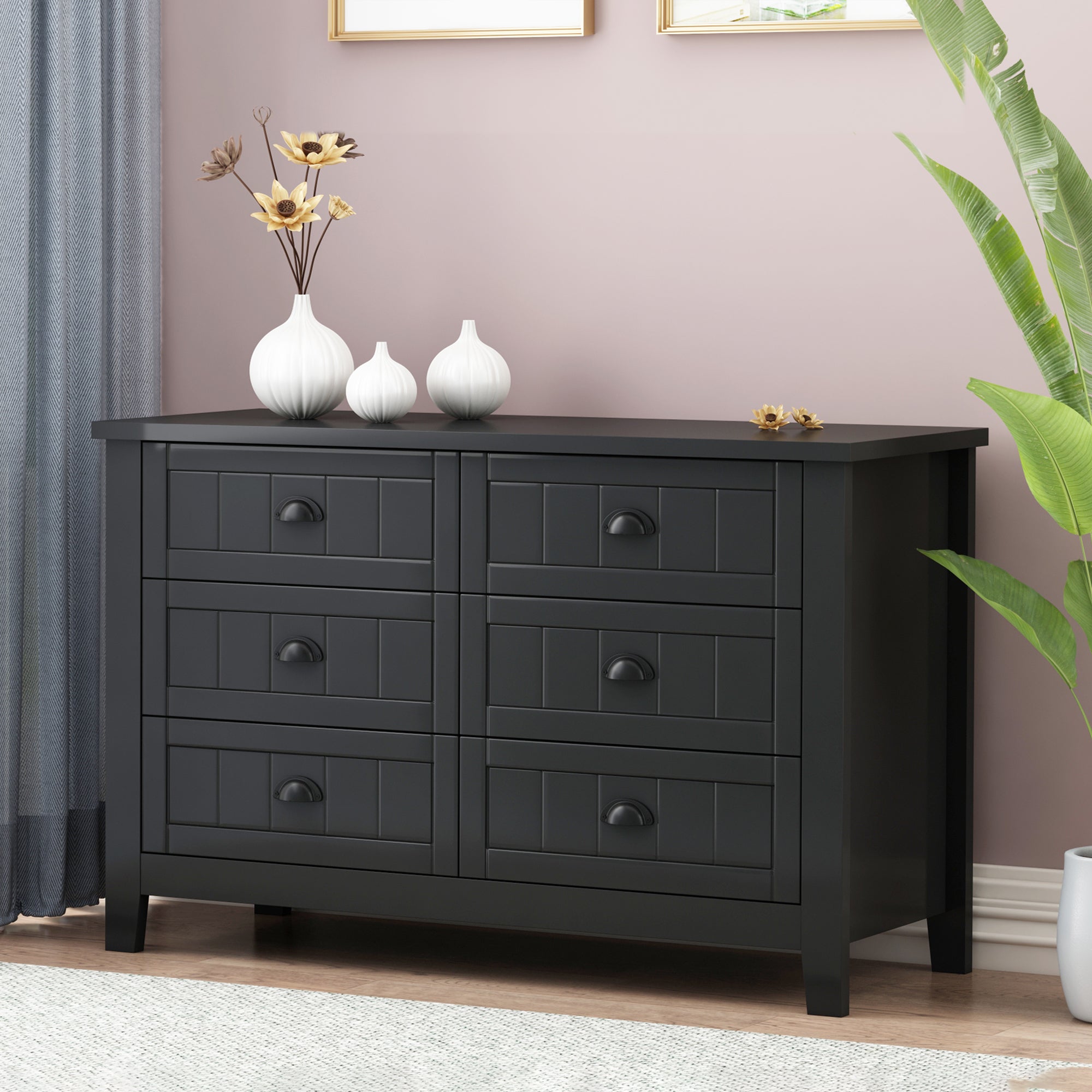 🆓🚛 Drawer Dresser Bar Cabinet Side Cabinet, Buffet Sideboard, Buffet Service Counter, Solid Wood Frame, Plasticdoor Panel, Retro Shell Handle, Applicable To Dining Room, Living Room, Kitchen, Corridor, Black
