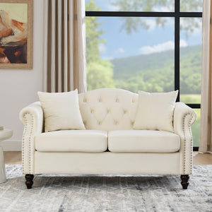 57" Chesterfield Sofa Grey Velvet for Living Room, 2 Seater Sofa Tufted Couch with Rolled Arms and Nailhead, with 2 Pillows