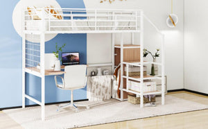 Full Size Metal Loft Bed with Desk and Metal Grid, Stylish Metal Frame Bed with Lateral Storage Ladder and Wardrobe, White