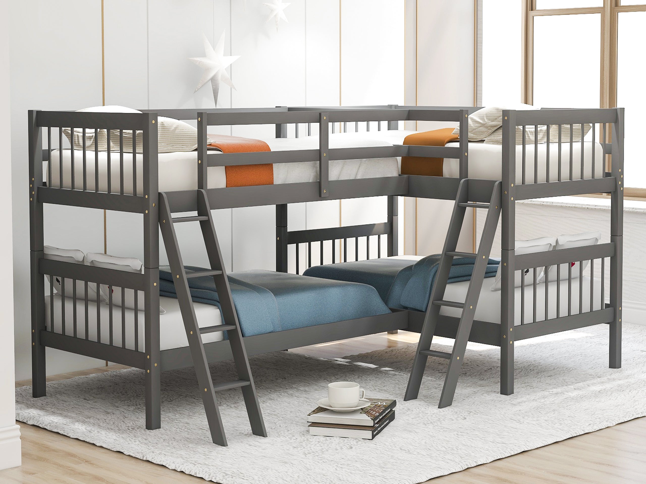 L-Shaped Bunk Bed with Ladder, Twin Size-Gray