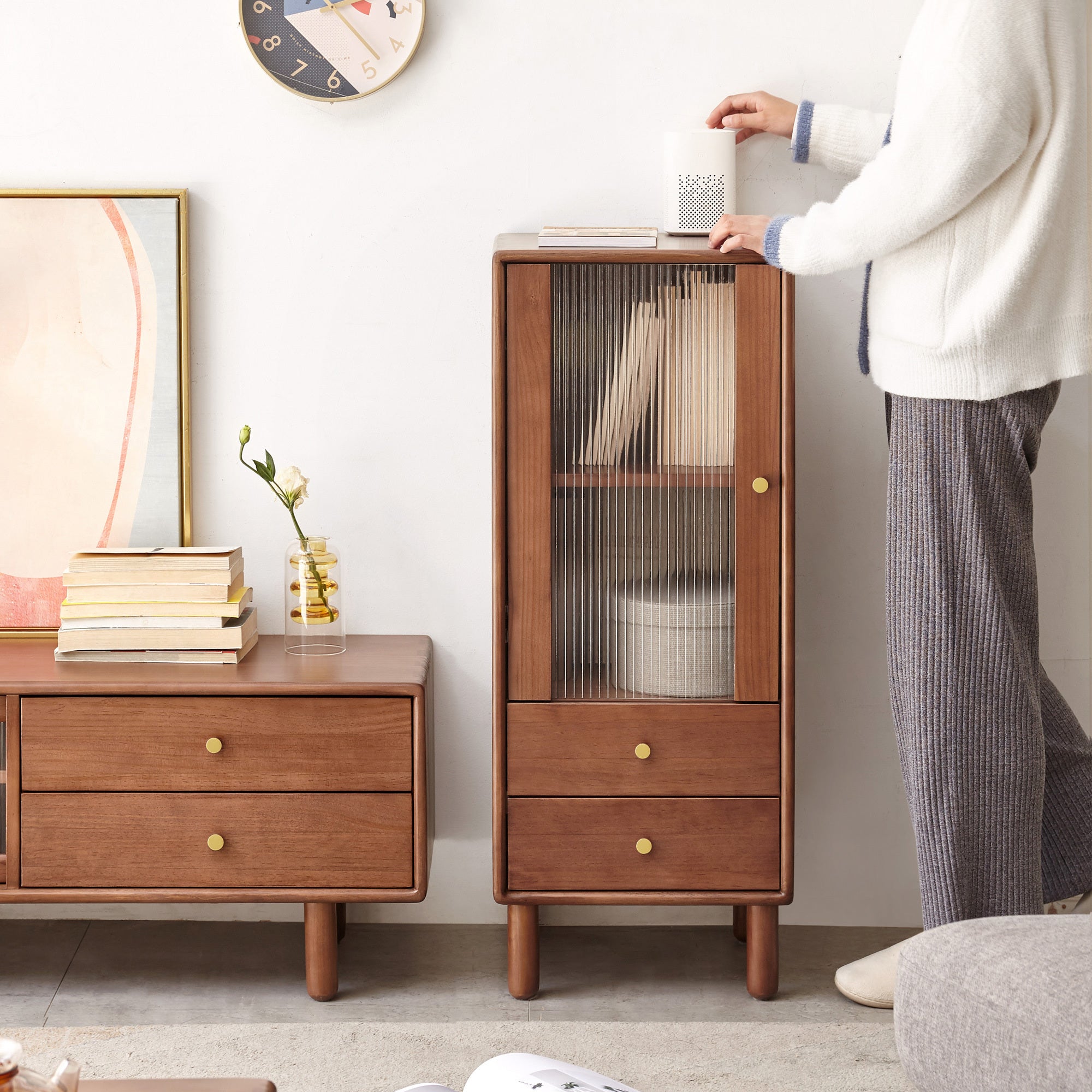 🆓🚛 Storage Cabinet for Living Room - Free-Standing Corner Cabinets Storage Table With Vintage Glass Door, 2 Shelves, 2 Drawers & Brass Handle for Entryway Kitchen Hallway TV Stand, 37.4"H (Walnut)