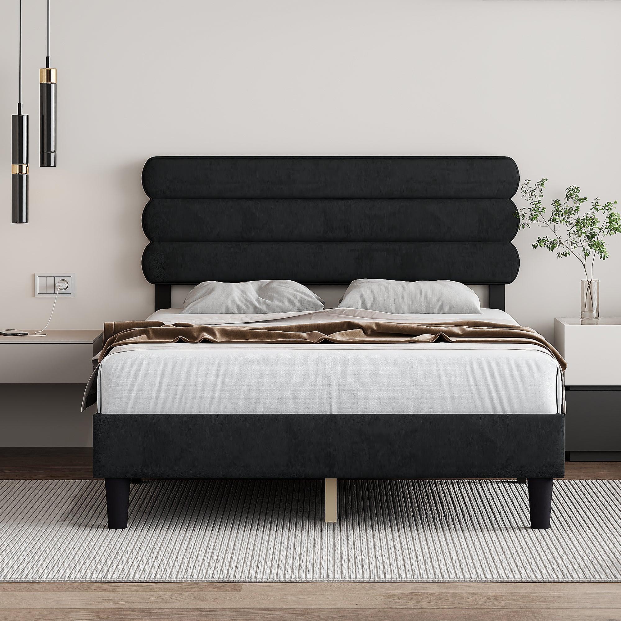 🆓🚛 Queen Bed Frame With Headboard, Sturdy Platform Bed With Wooden Slats Support, Easy Assembly, Dark Gray