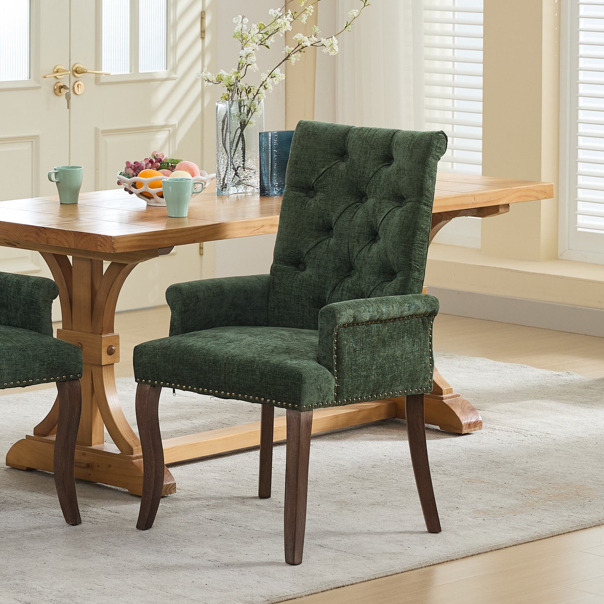 Upholstered Chenille Fabric Accent Dining Chair, Curved Solid Wood Legs, Elegant Tufted Club Dining Room Kitchen Room Arm Dining Chair, Single Pack, Olive Green, SW1895OL