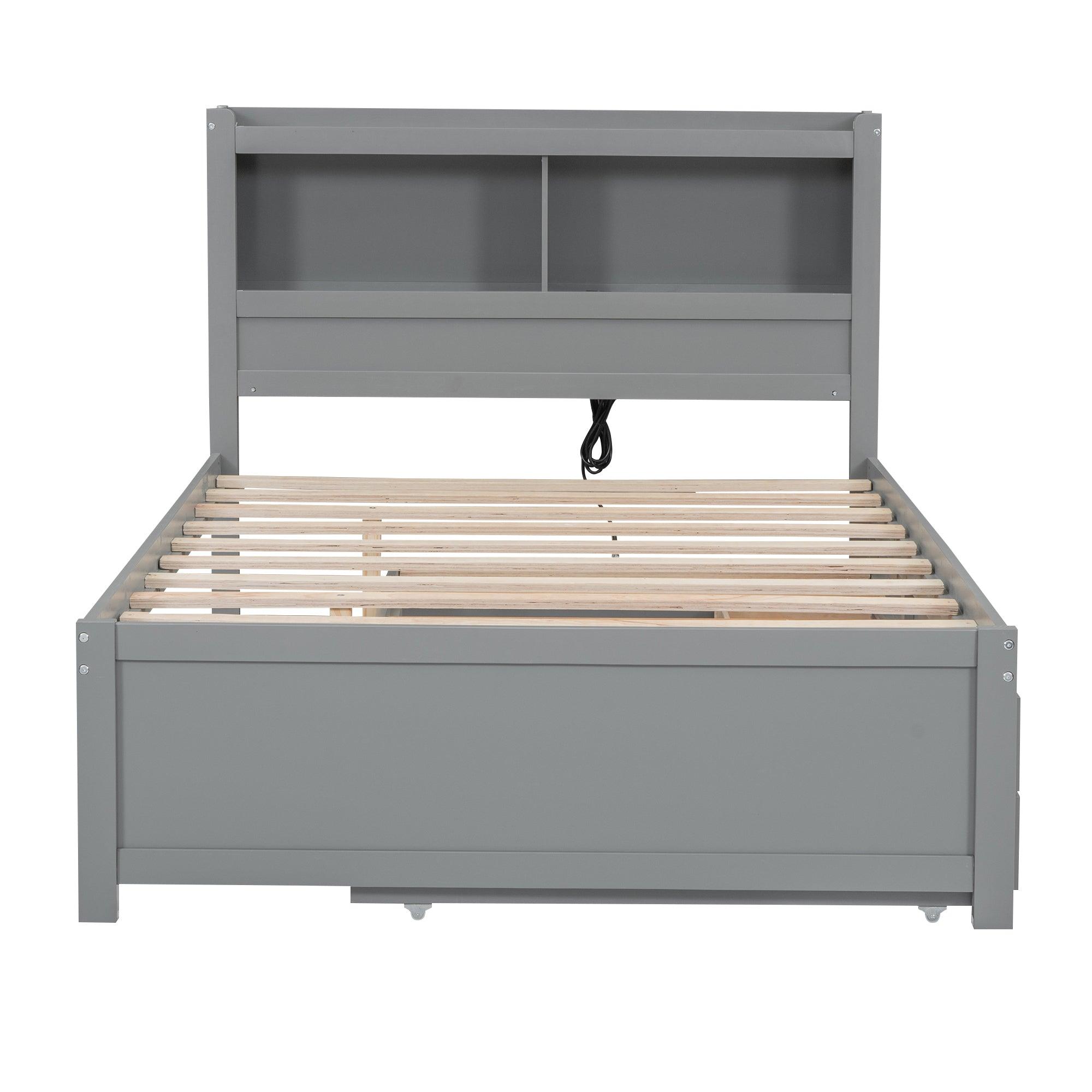 Full Size platform bed with trundle, drawers and USB plugs, Gray