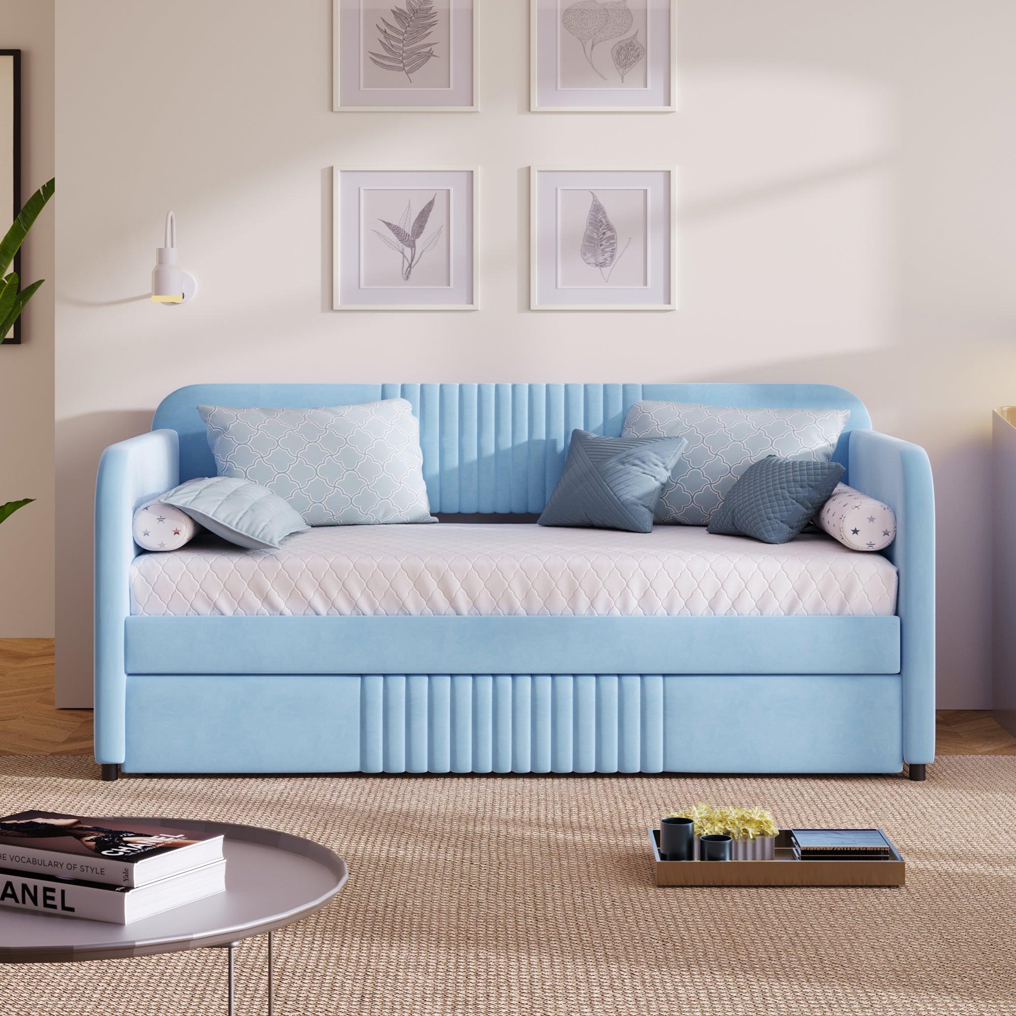 🆓🚛 Upholstered Daybed Sofa Bed Twin Size With Trundle Bed & Wood Slat, Light Blue