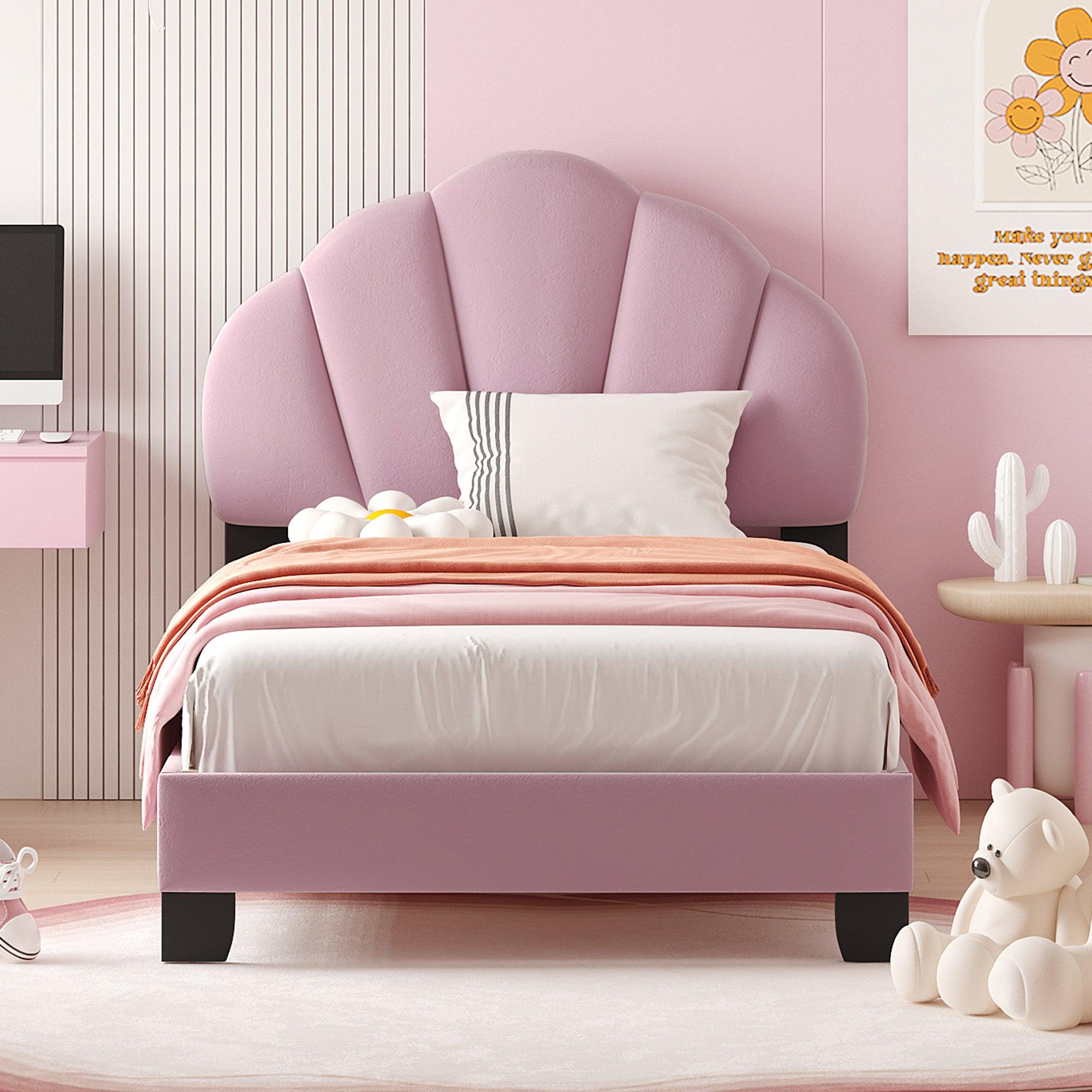 🆓🚛 Twin Size Upholstered Velvet Platform Bed With Shell-Shaped Headboard, Pink