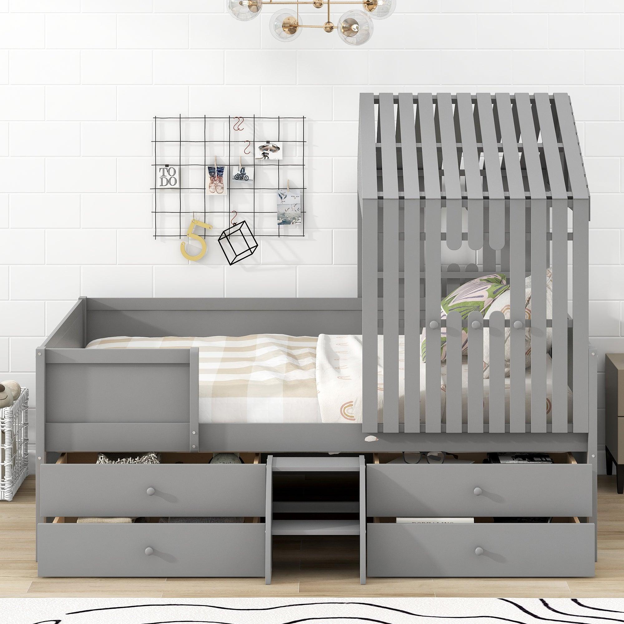 🆓🚛 Full Size House Low Loft Bed With Four Drawers, Gray