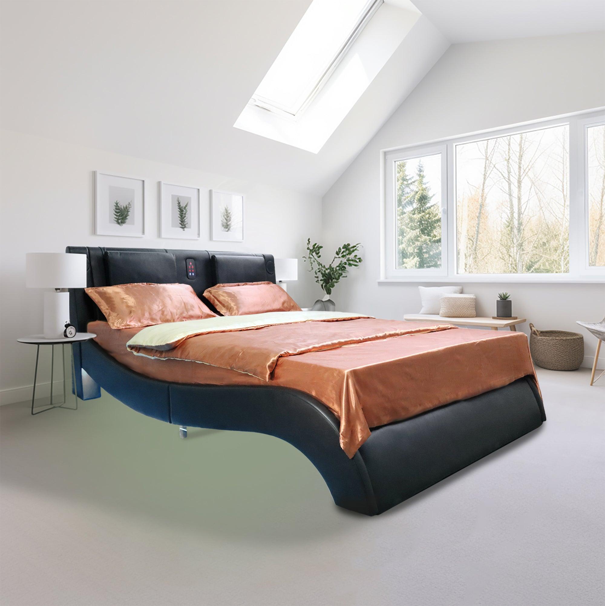 🆓🚛 Queen Size Faux Leather Upholstered Platform Bed Frame W/ Led Lighting, Bluetooth Connection, Backrest Vibration Massage, Exhibited Speakers, Curve Design