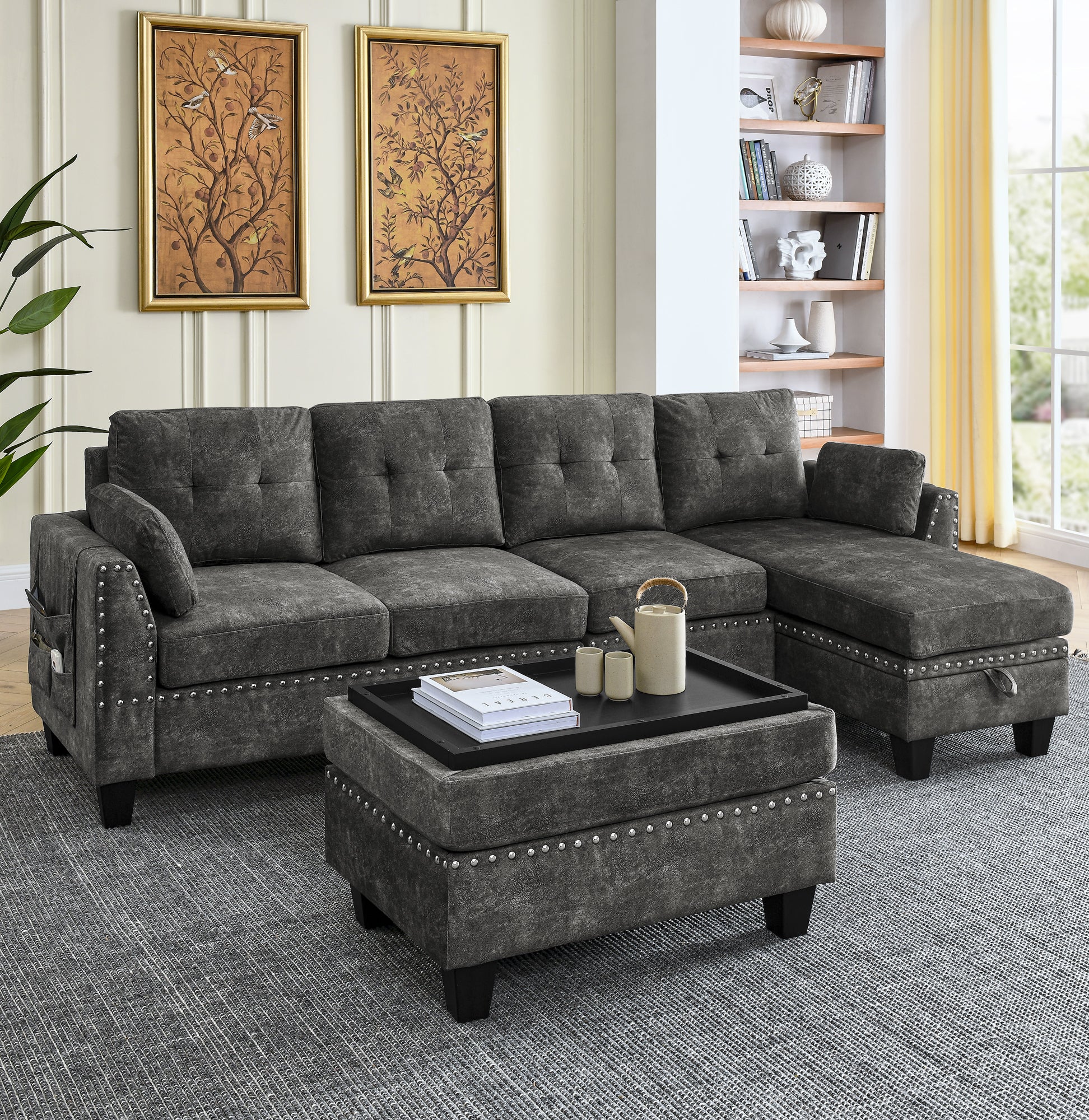 4-Seaters Sofa, Double-Sided Multi-Functional Footstool, Non-Slip Leg, Two Pillows, Velvet, Dark Grey