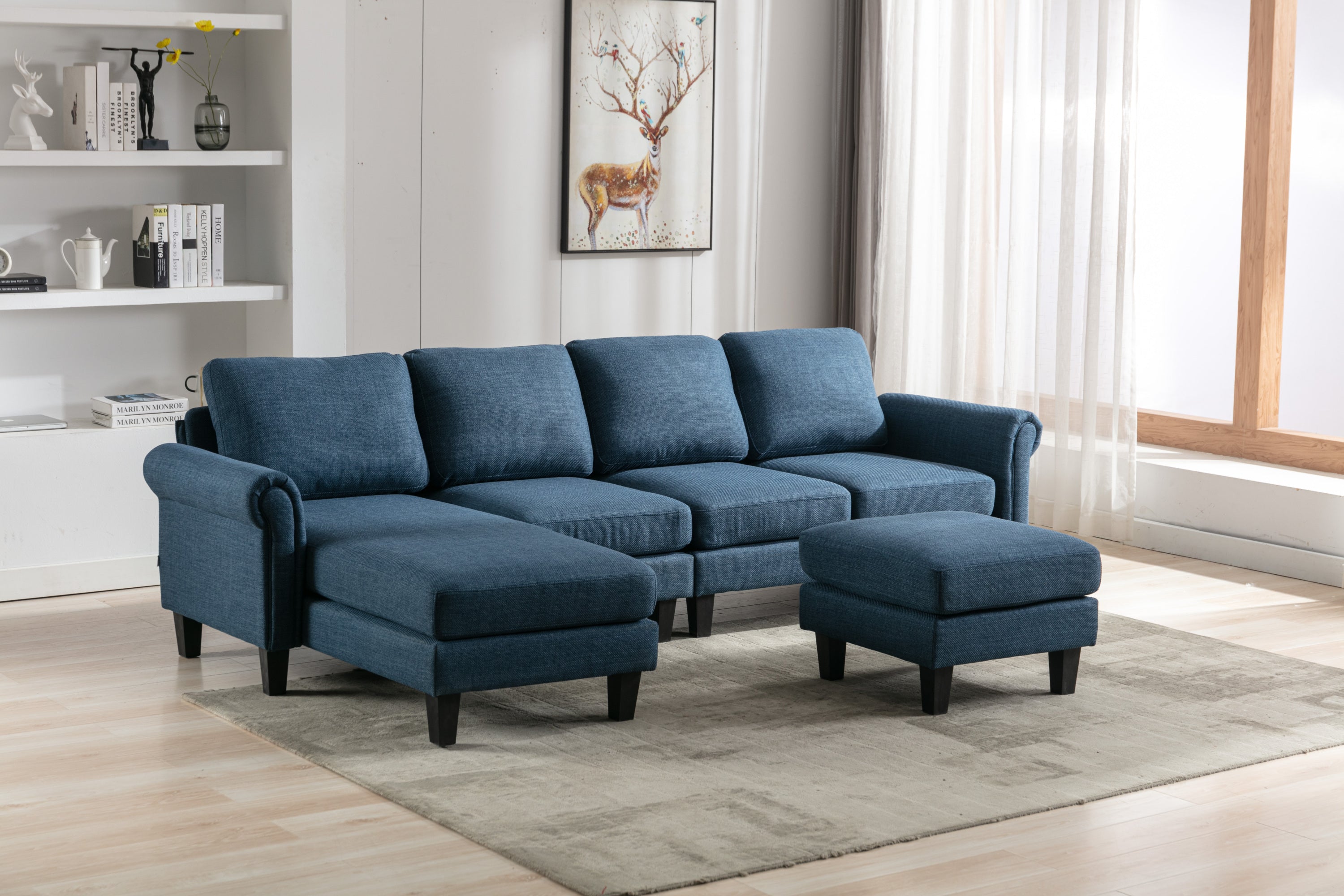 🆓🚛 108" L-Shaped 4-Seater Sectional Sofa Couch With Ottoman, Navy Blue
