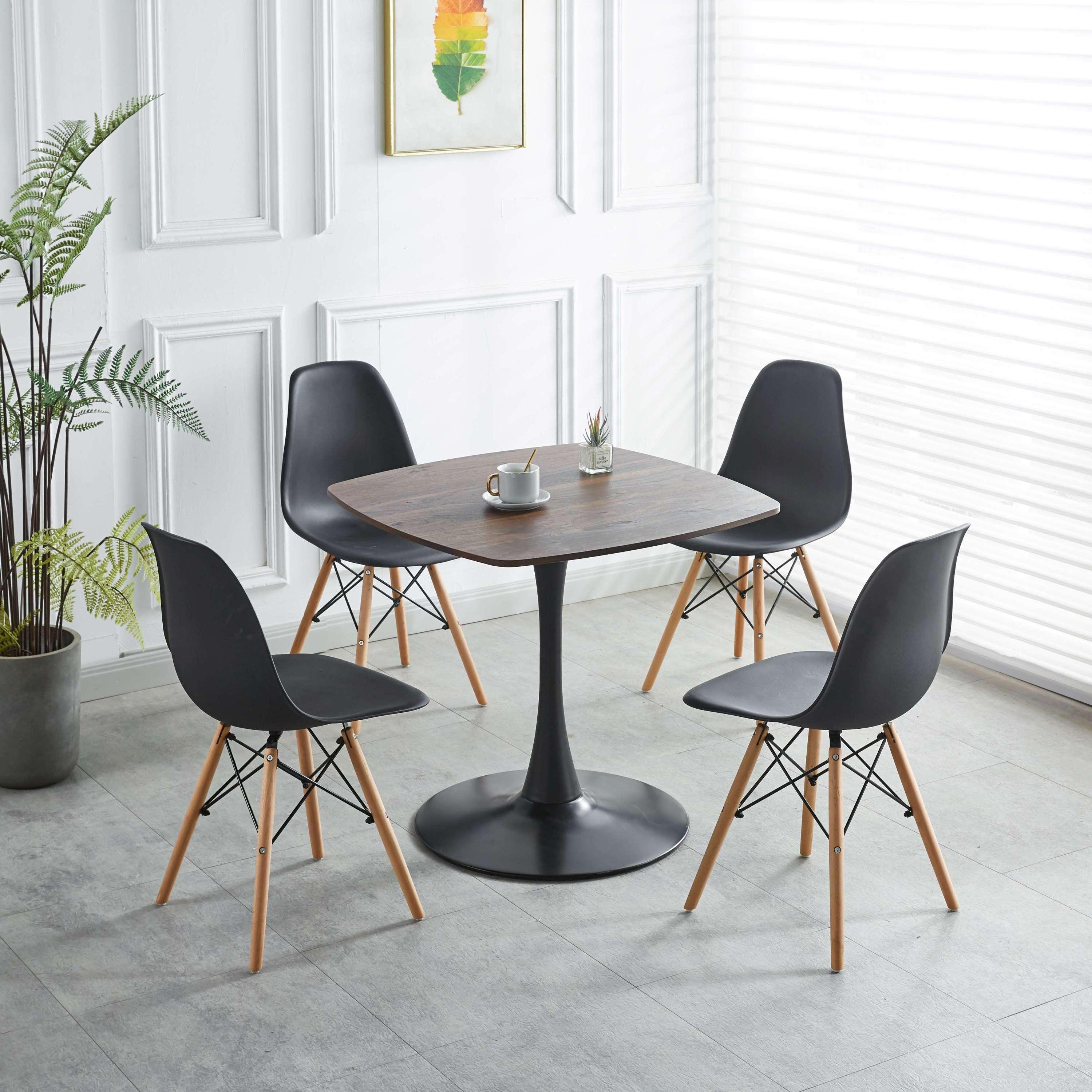 🆓🚛 5 Pcs Dining Set, 1 Square Mid-Century Dining Table With Mdf Table Top, 4 Black Chairs