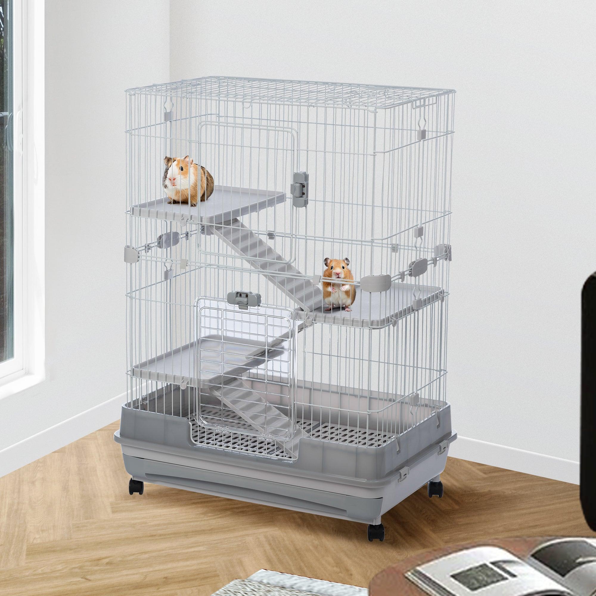 4-Tier 32" Small Animal Metal Cage Height Adjustable With Lockable Casters  Grilles Pull-Out Tray For Rabbit Chinchilla Ferret Bunny Guinea Pig Squirrel Hedgehog, GREY