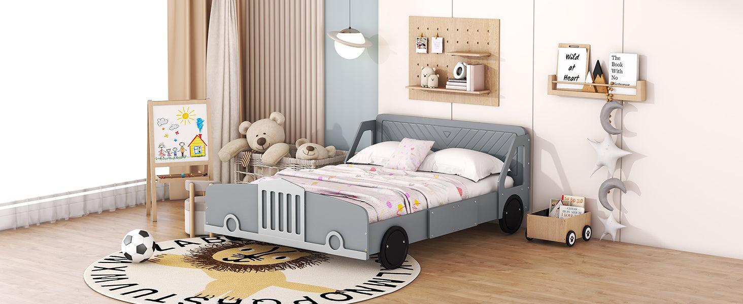 Full Size Car-Shaped Platform Bed with Wheels, Gray