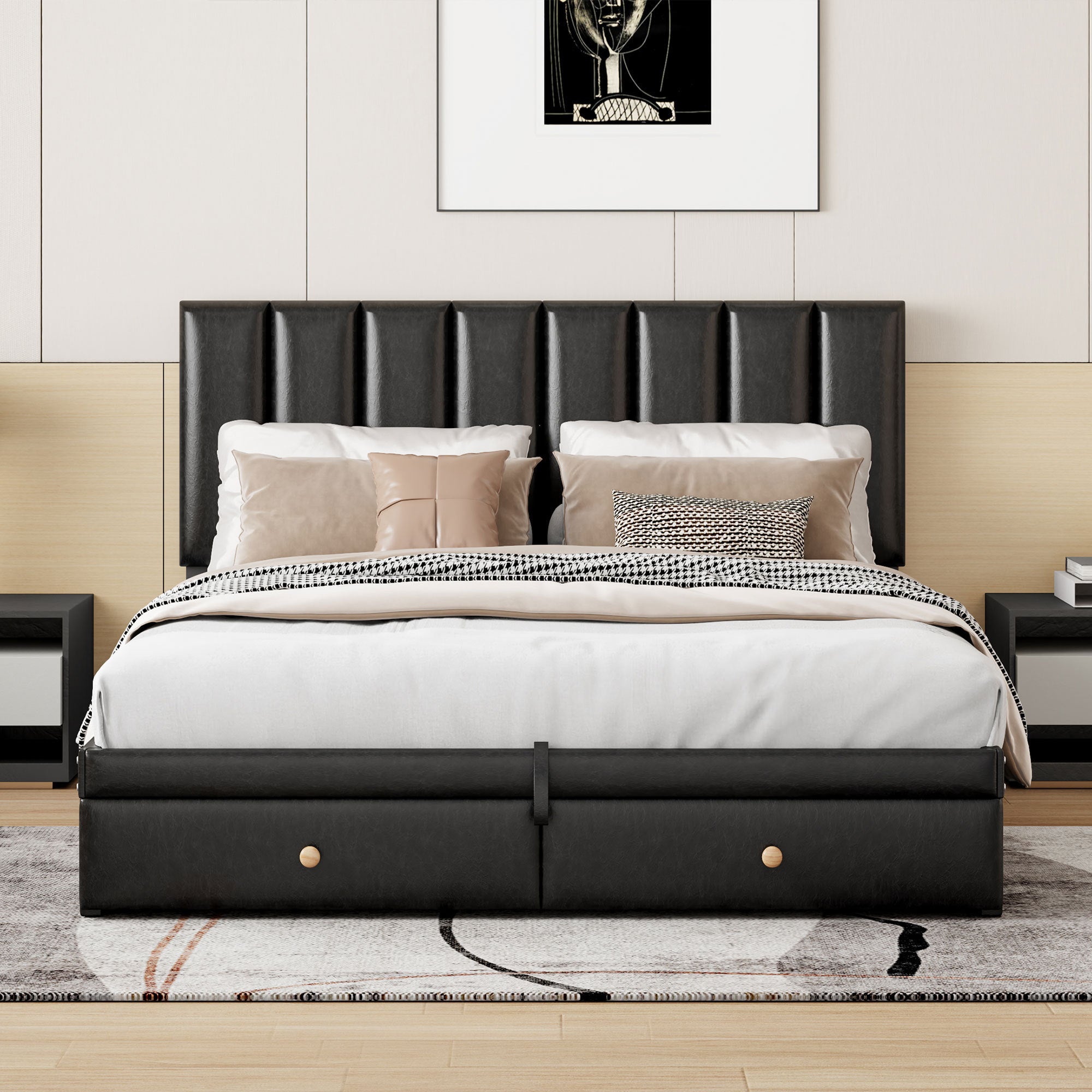 🆓🚛 Queen Size Upholstered Bed with Hydraulic Storage System and Drawer, Black