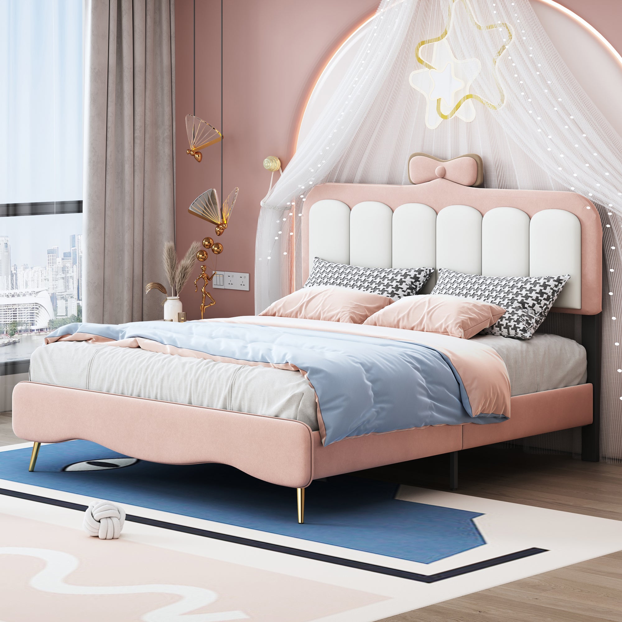 🆓🚛 Full Size Velvet Princess Bed With Bow-Knot Headboard, Full Size Platform Bed With Headboard and Footboard, White & Pink