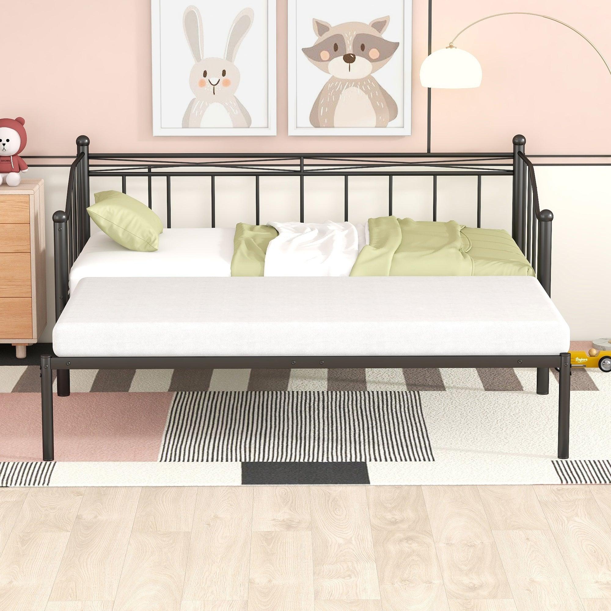 🆓🚛 Twin Size Metal Daybed With Trundle, Daybed With Slat No Box Required Black