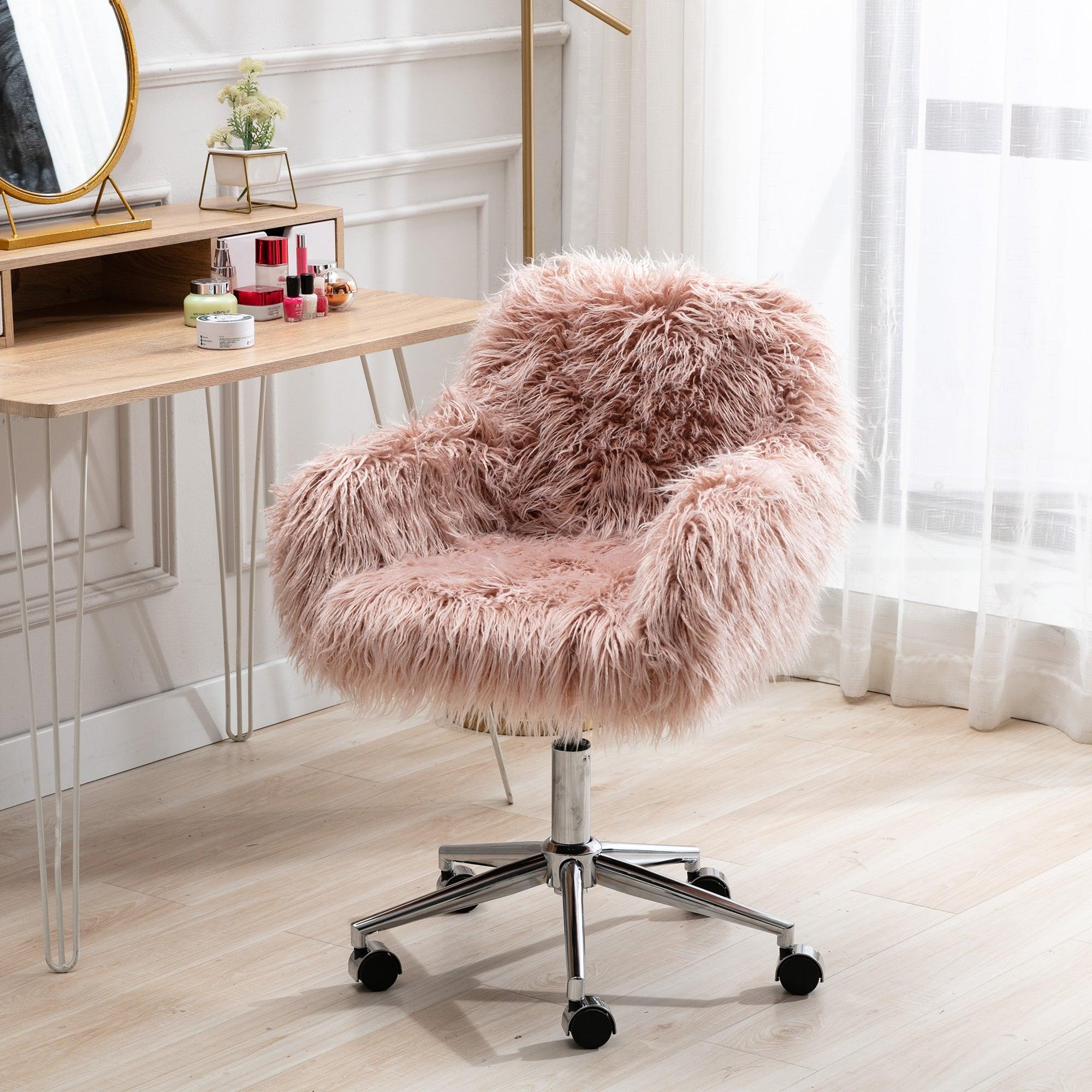 🆓🚛 Modern Faux Fur Home Office Chair, Fluffy Chair for Girls, Makeup Vanity Chair, Pink