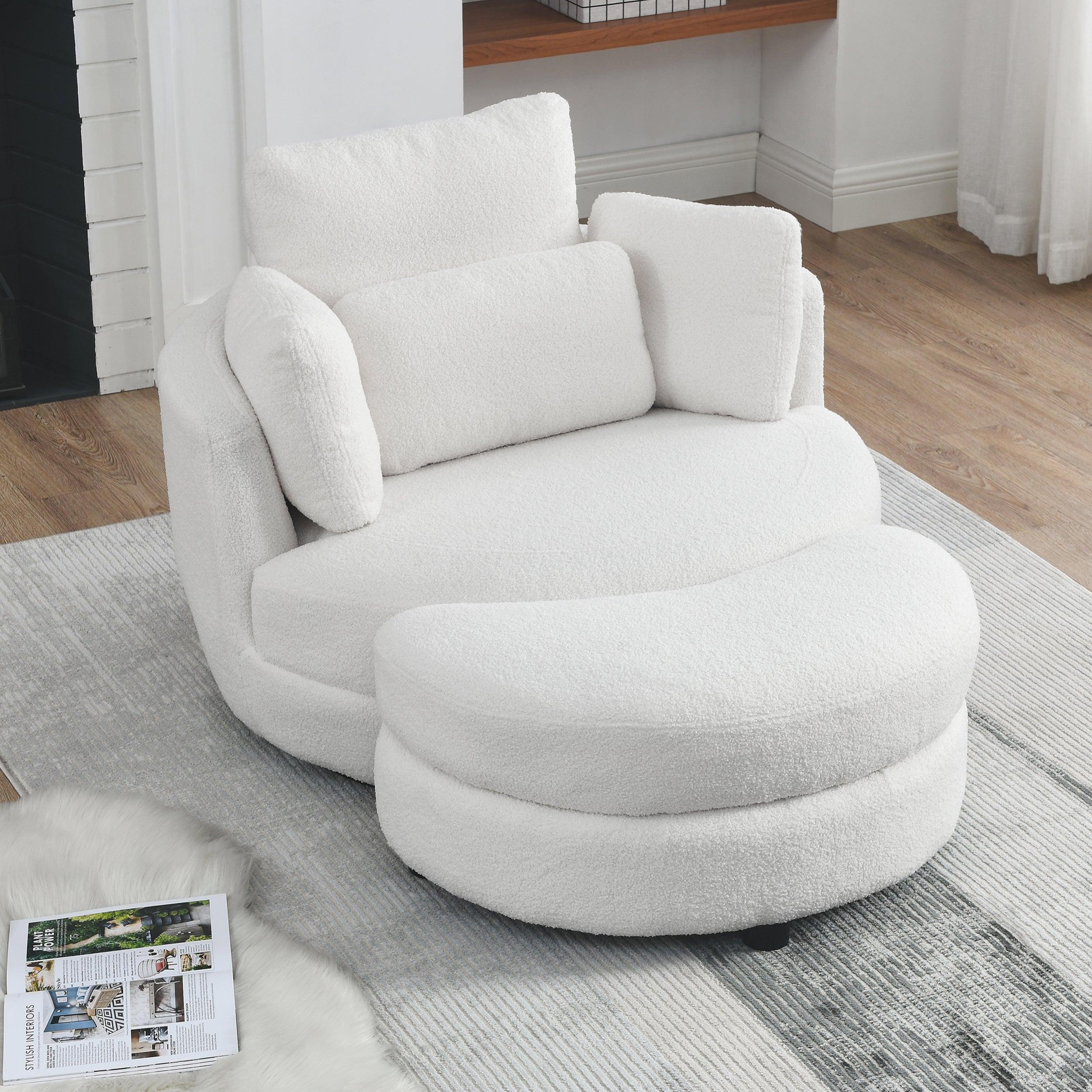 🆓🚛 39"W Oversized Teddy Fabric Swivel Chair With Moon Storage Ottoman for Living Room, 4 Pillows, White