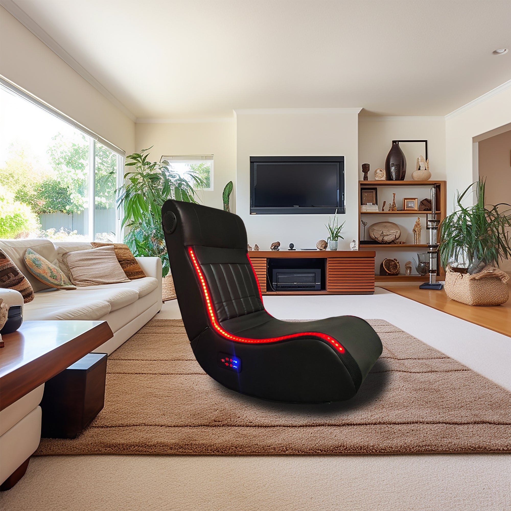 🆓🚛 Foldable Gaming Chair With Onboard Speakers, LED Strip Lighting, Bluetooth Music Speakers, Vibration Massage, USB Charging Port, Black