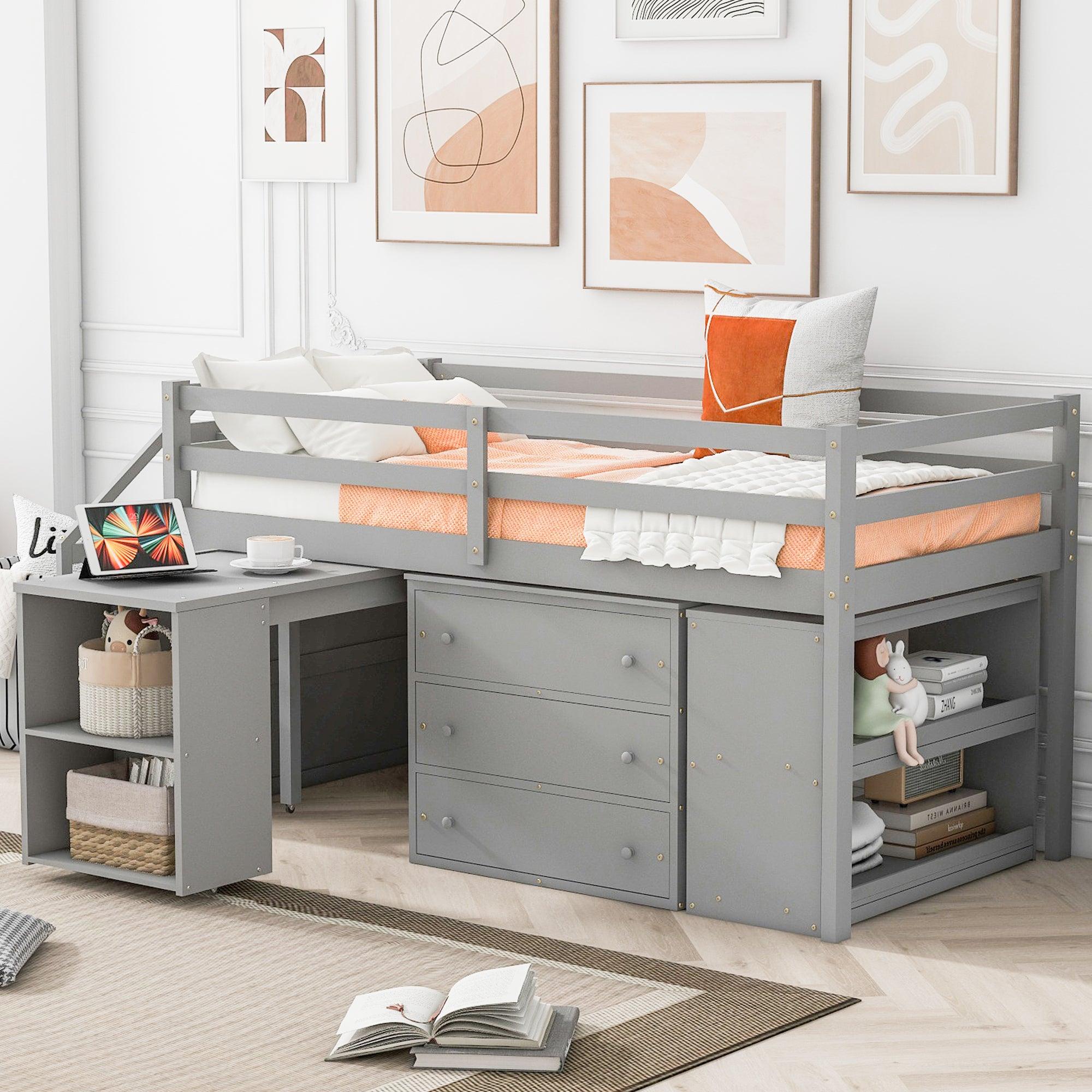 🆓🚛 Twin Size Loft Bed With Retractable Writing Desk & 3 Drawers, Wooden Loft Bed With Storage Stairs & Shelves, Gray