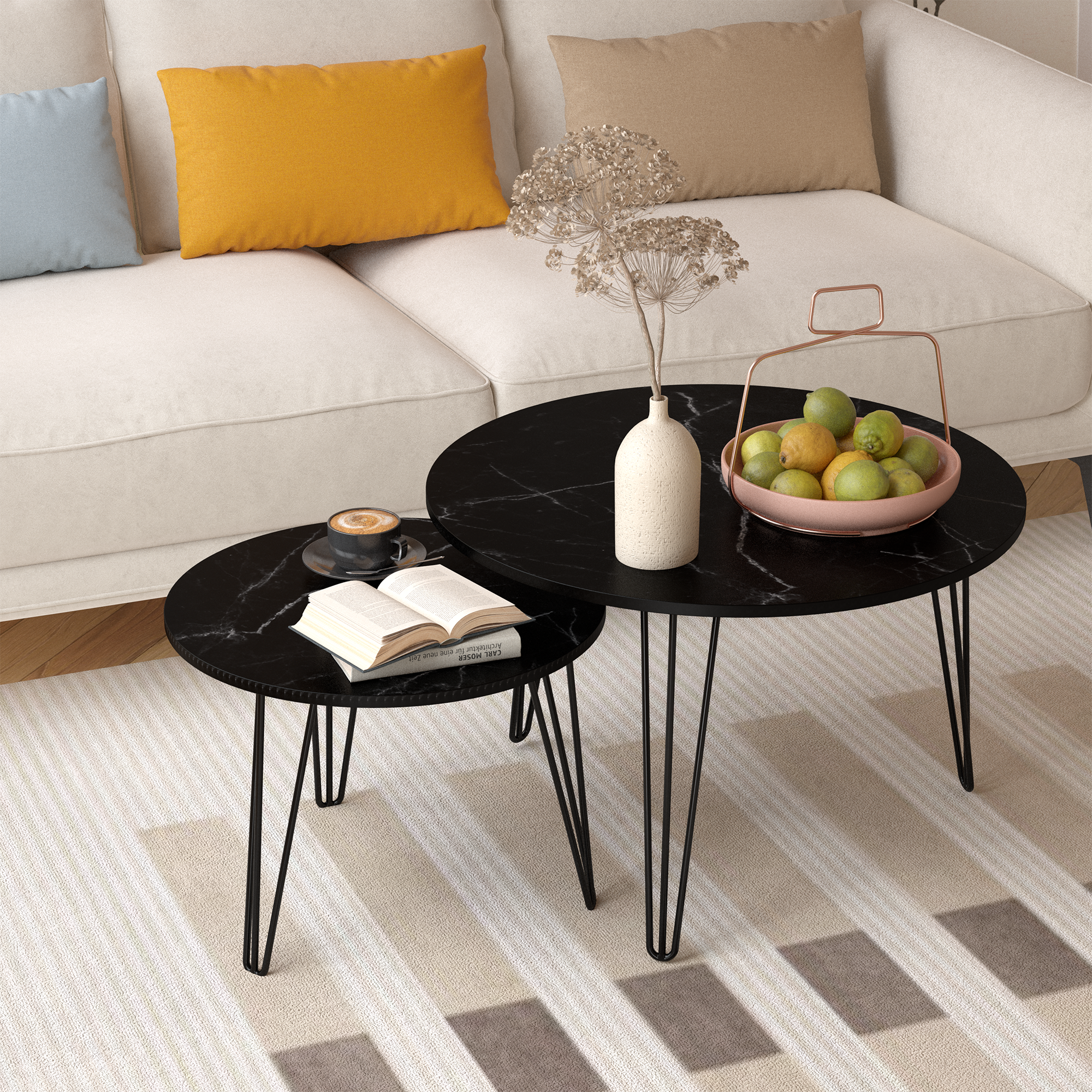 27.56'' Round Nesting Coffee Table Set of 2, Circular Nesting End Table Set, Round Marble Tabletop, and Sturdy Metal Base for Living Room, Bedroom, Black