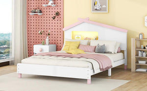 Full Size Wood Platform Bed with House-shaped Headboard and Motion Activated Night Lights (White+Pink)