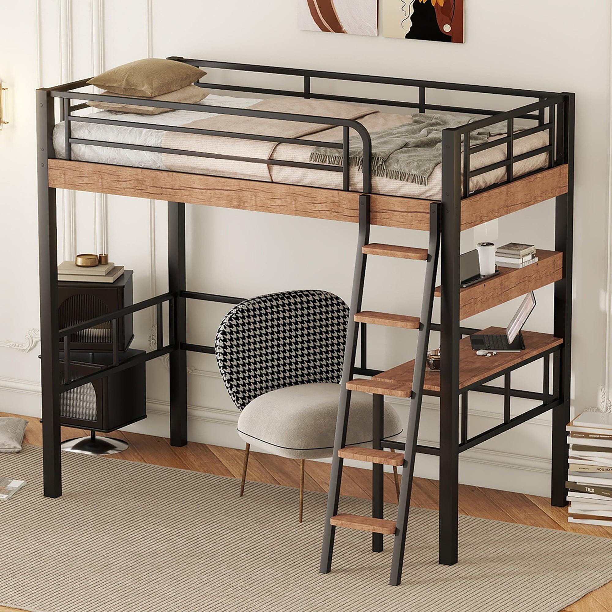 🆓🚛 Metal Twin Size Loft Bed With Built-in Desk, Storage Shelf & Ladder, Black