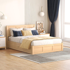 Full Size Wood Platform Bed with Underneath Storage and 2 Drawers, Wood Color