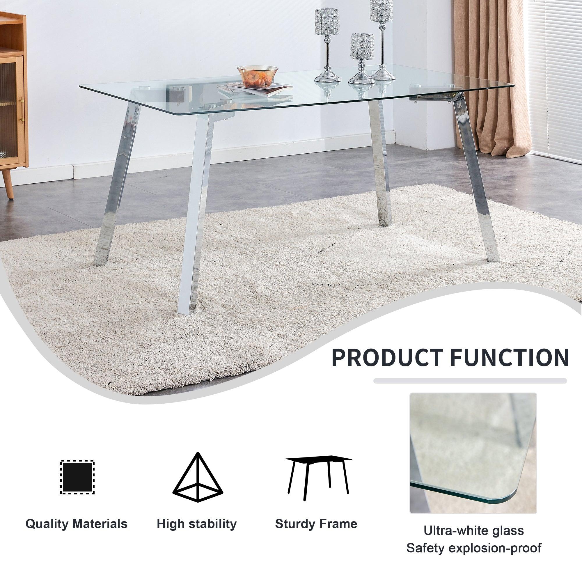 A Modern Minimalist Rectangular Glass Dining Table With Tempered Glass Tabletop And Silver Metal Legs, Suitable For Kitchens, Restaurants, And Living Rooms, 63"*35.4"*30"