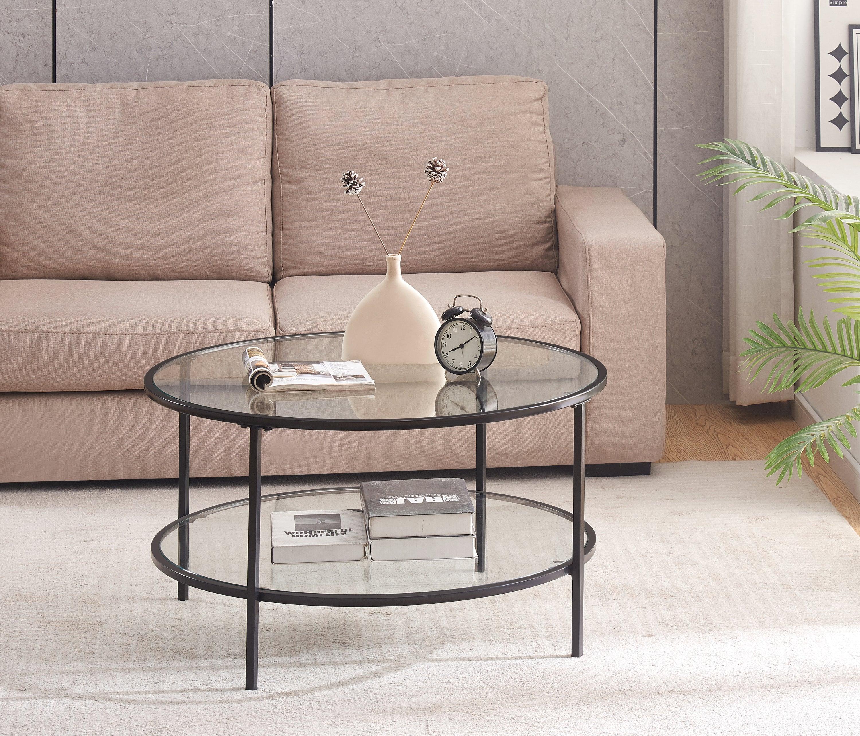 🆓🚛 2-Tier Round Glass Coffee Table, Black Frame