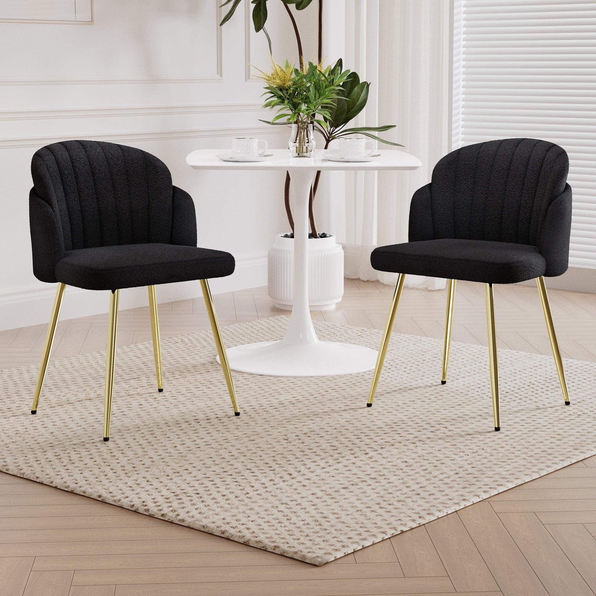 🆓🚛 Modern Teddy Fleece Fabric Dining Chairs, Gold Metal Legs, Set Of 2, Black