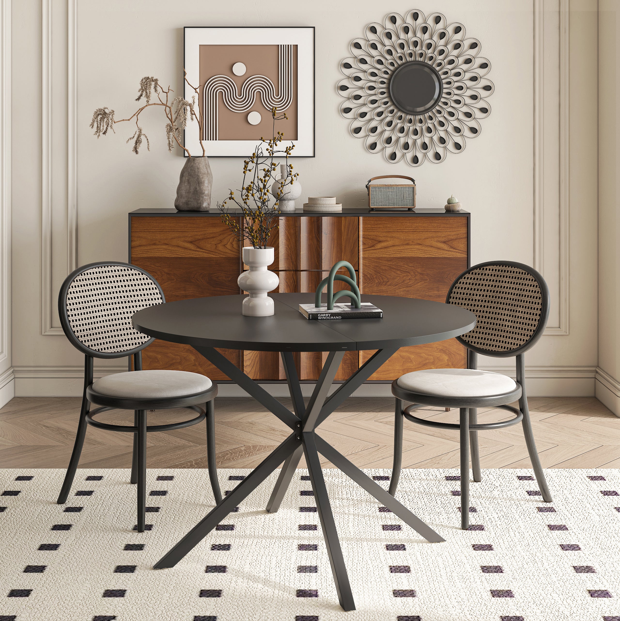 42.13'' Modern Cross Leg Round Dining Table, Black Top Occasional Table, Two Piece Removable Top, Matte Finish Iron Legs