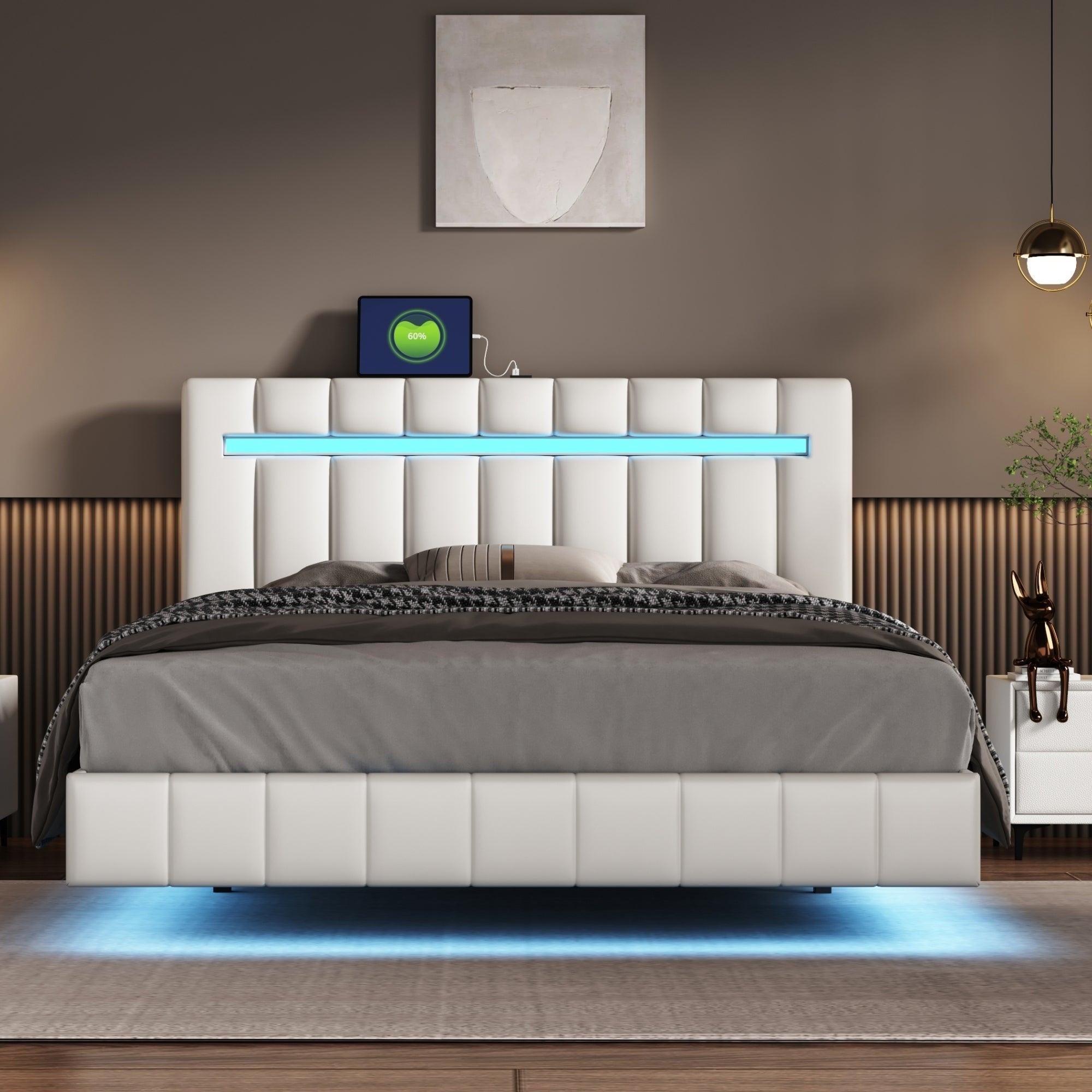 🆓🚛 Queen Size Floating Bed Frame With Led Lights & Usb Charging, Modern Upholstered Platform Led Bed Frame, White