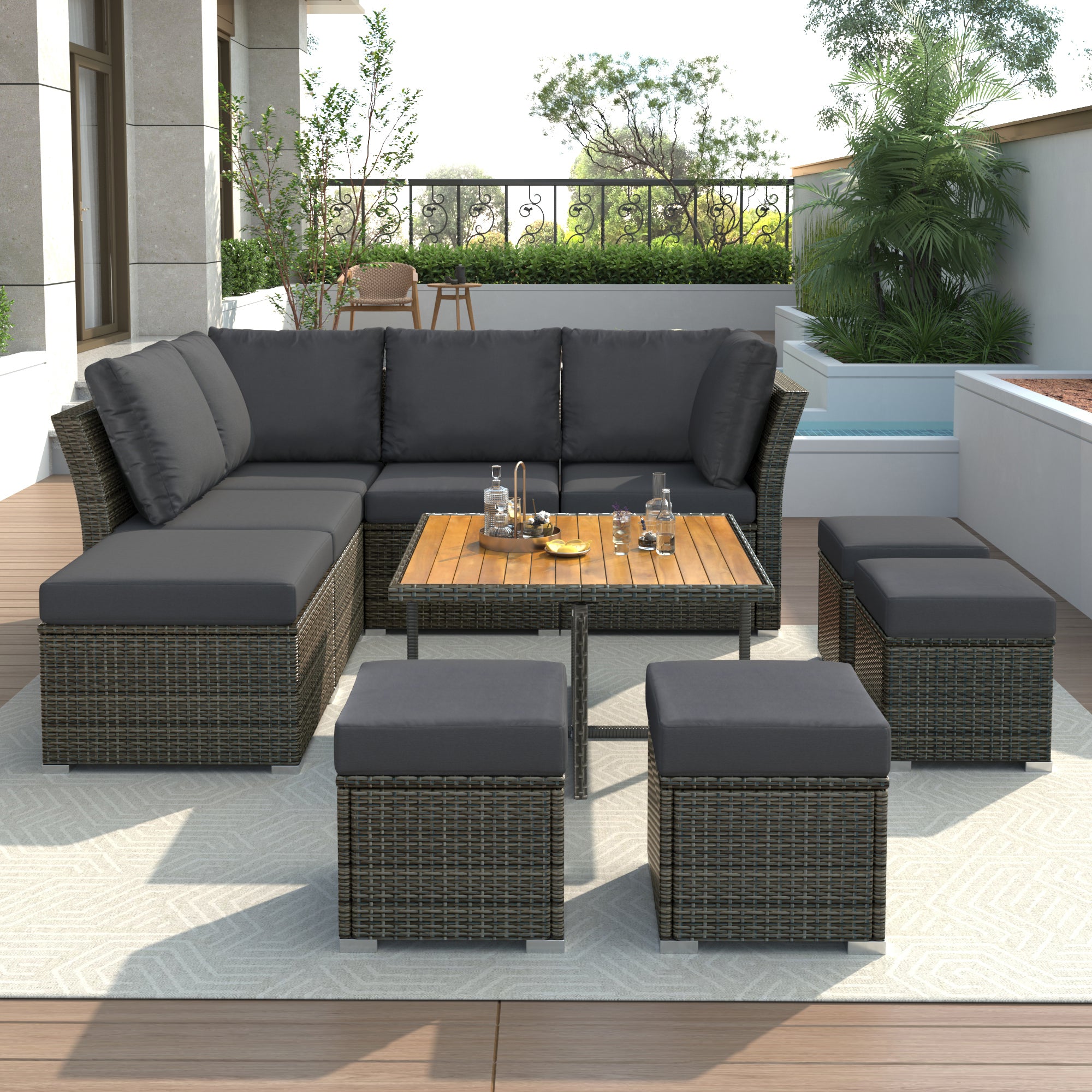 🆓🚛 Patio Furniture Set, 10 Piece Outdoor Conversation Set, 1 Table, 2 Corner Seats, 2 Armless Seats & 5 Ottomans