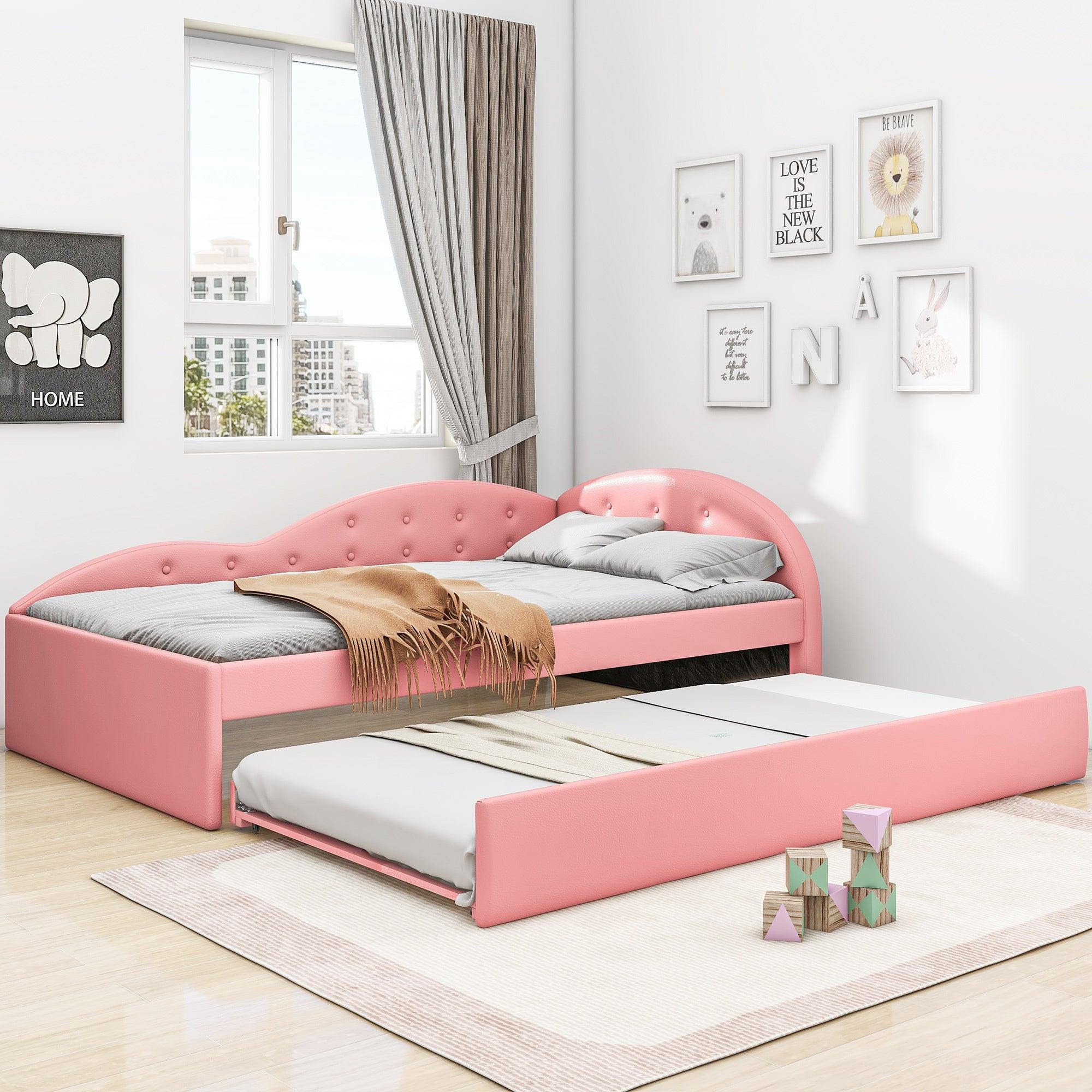 🆓🚛 Twin Size Pu Upholstered Tufted Daybed With Trundle & Cloud Shaped Guardrail, Pink