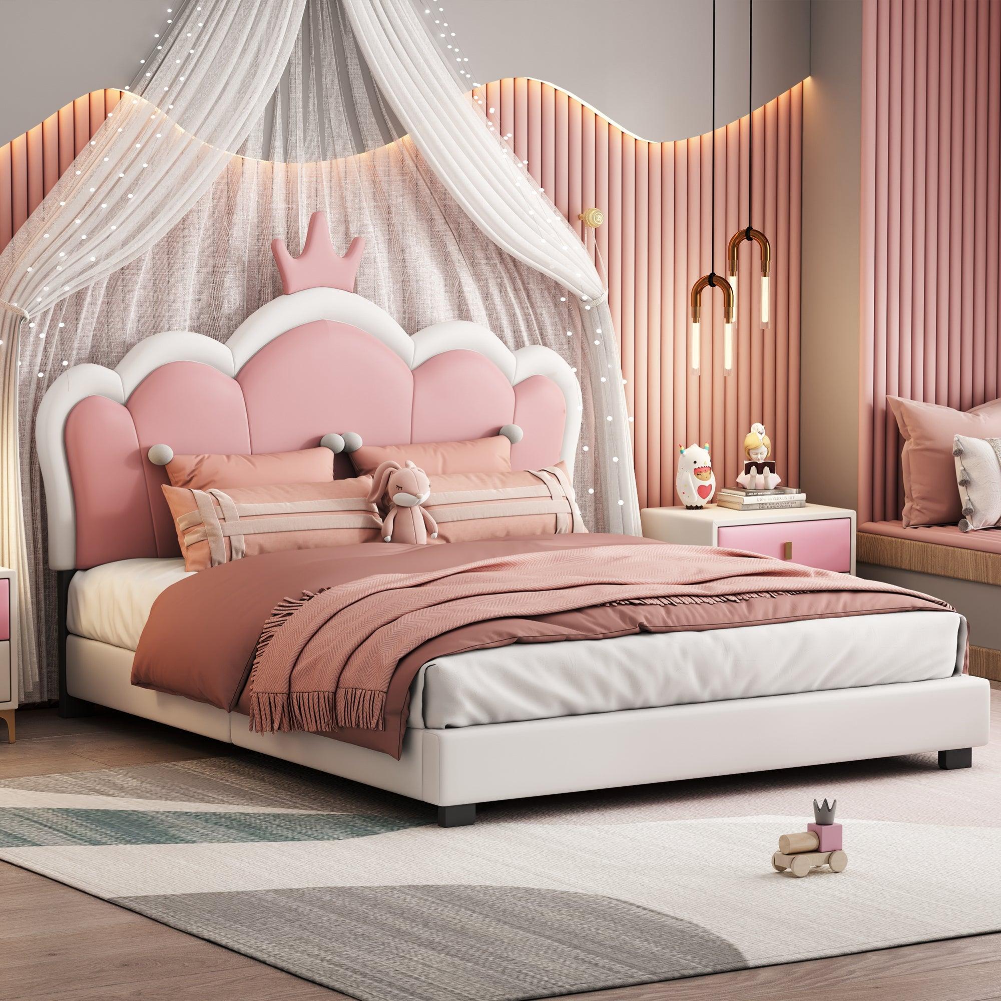 Full size Upholstered Princess Bed With Crown Headboard, Full Size Platform Bed with Headboard and Footboard, White+Pink