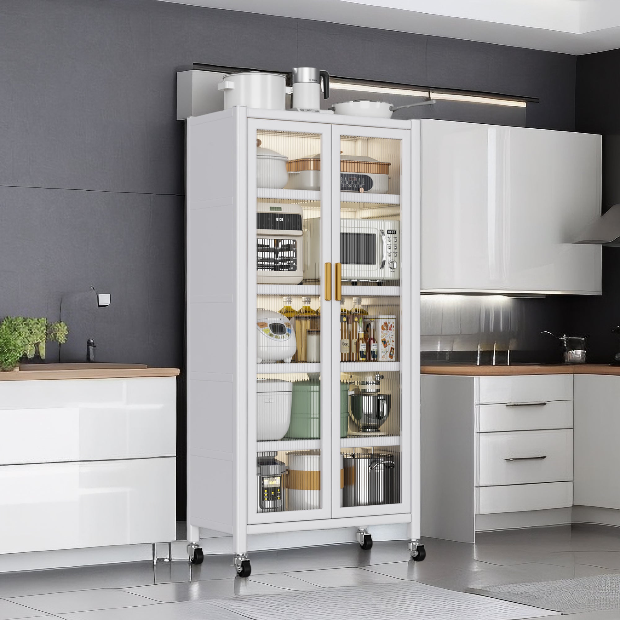 Open-door Kitchen Shelving Floor-to-ceiling Multilevel Household Microwave Storage Cabinet Bowls Side Cabinets Cabinets Storage Cabinets, White