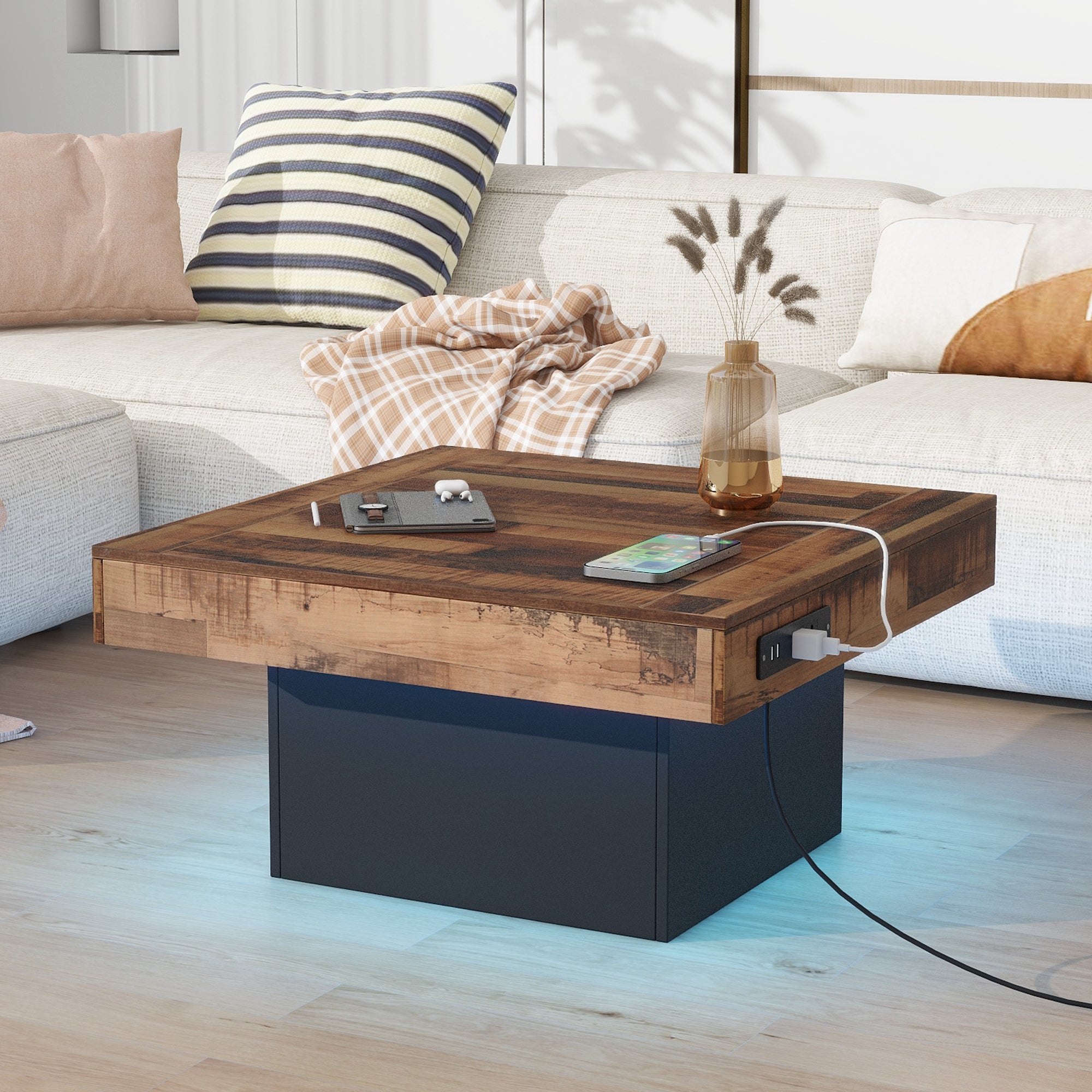 31.4'' X 31.4'' Farmhouse Coffee Table With 2 Usb Ports and Outlets, Brown Spliced Wood Grain Center Table With Led Light, Rustic Cocktail Table With Charging Station for Living Room, Black