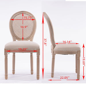 French Style Solid Wood Frame Antique Painting Linen Fabric Rattan Back Dining Chair, Set of 2, Cream