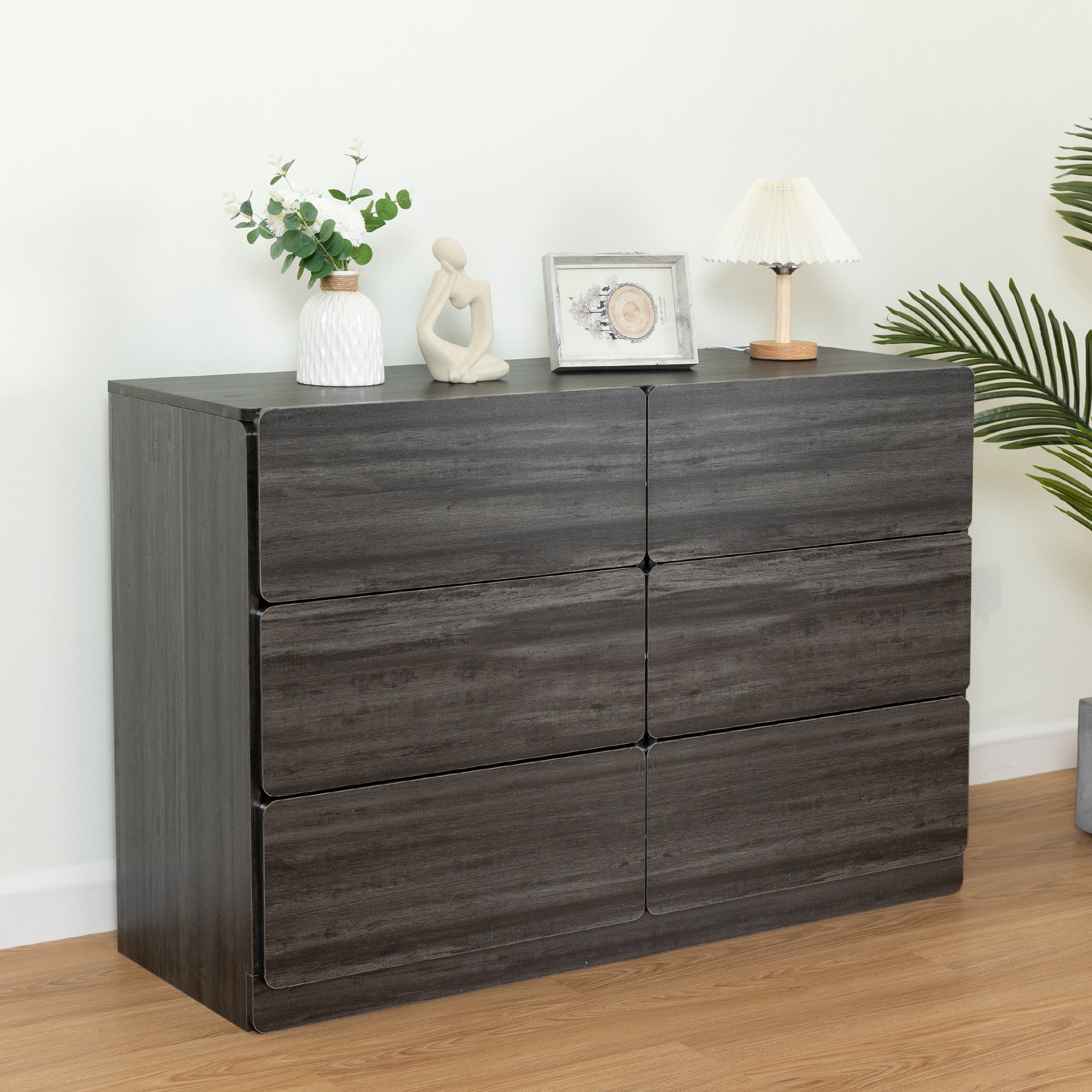 🆓🚛 Drawer Dresser Cabinet, Sideboard, Bar Cabinet, Buffet Server Console, Table Storge Cabinets, Flat Out The Corners of The Drawers, Six Drawers, for Dining Room, Living Room, Bedroom, Kitchen Hallway, Dark Gray