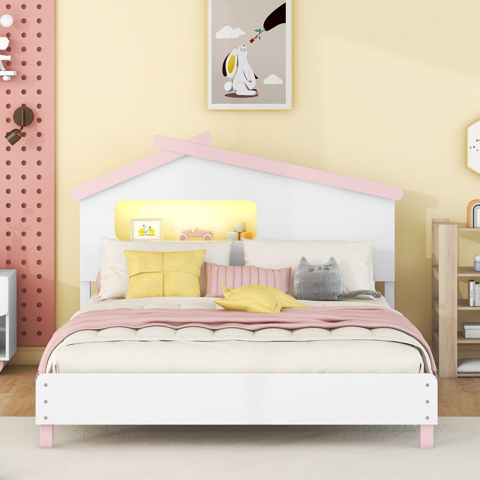 Full Size Wood Platform Bed with House-shaped Headboard and Motion Activated Night Lights (White+Pink)