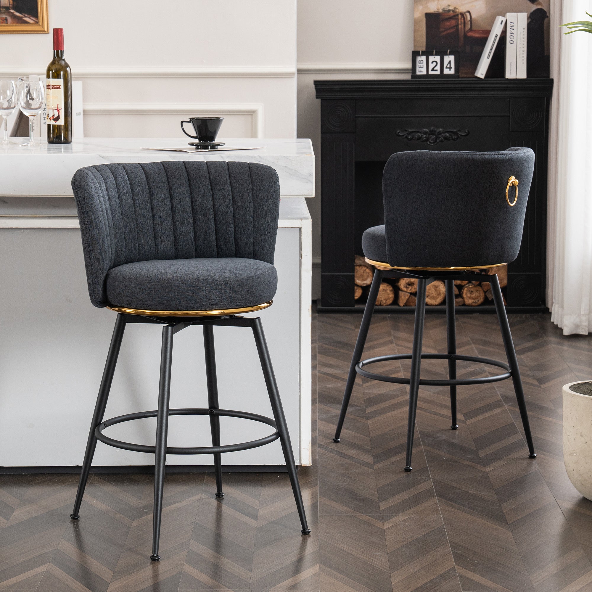 🆓🚛 Set of 2 Swivel Bar Stools, High-Back, Adjustable, Upholstered With Elegant Metal Back Accents, Gray