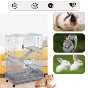 4-Tier 32" Small Animal Metal Cage Height Adjustable With Lockable Casters  Grilles Pull-Out Tray For Rabbit Chinchilla Ferret Bunny Guinea Pig Squirrel Hedgehog, GREY