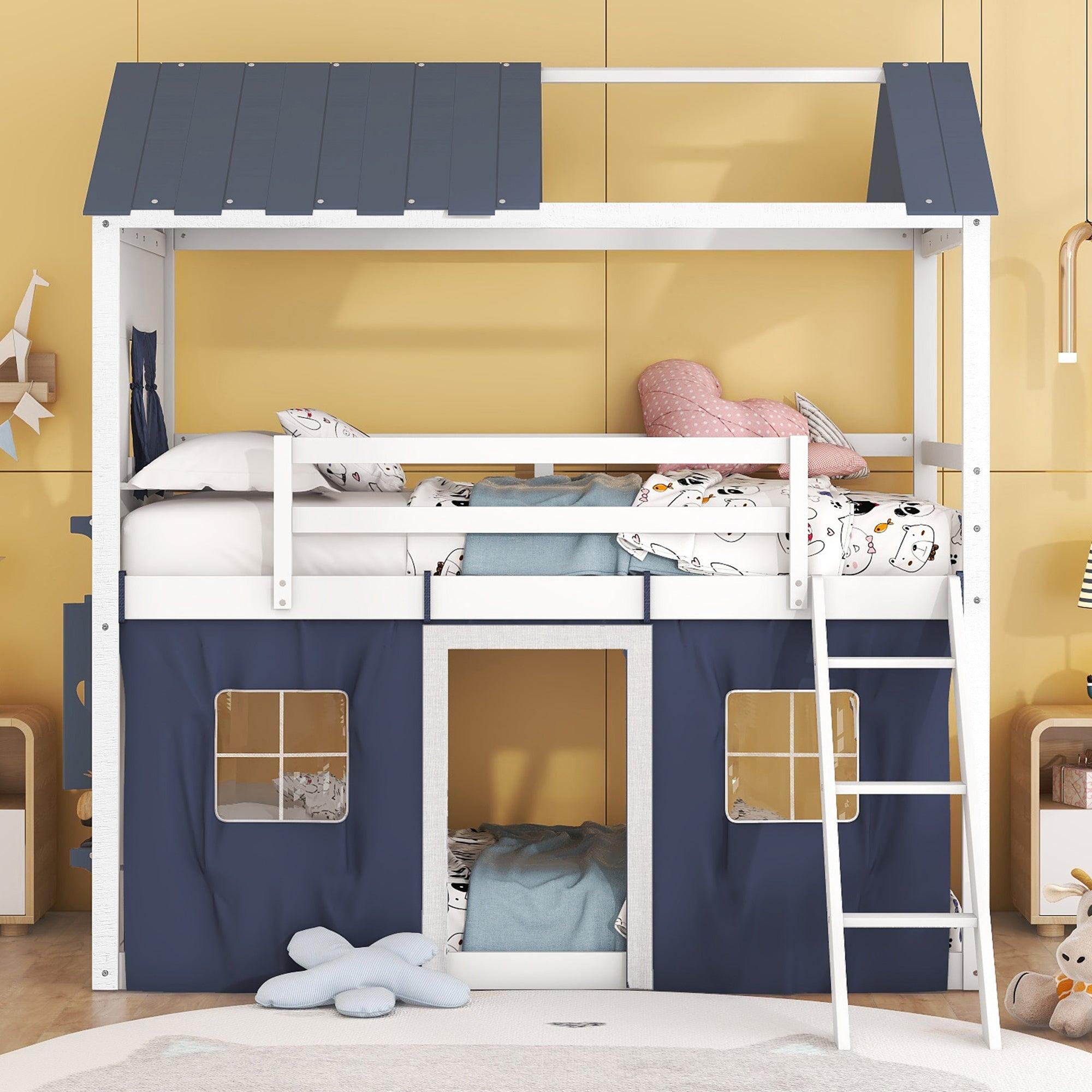 🆓🚛 Twin Size Bunk Wood House Bed With Elegant Windows, Sills & Tent, Blue+White