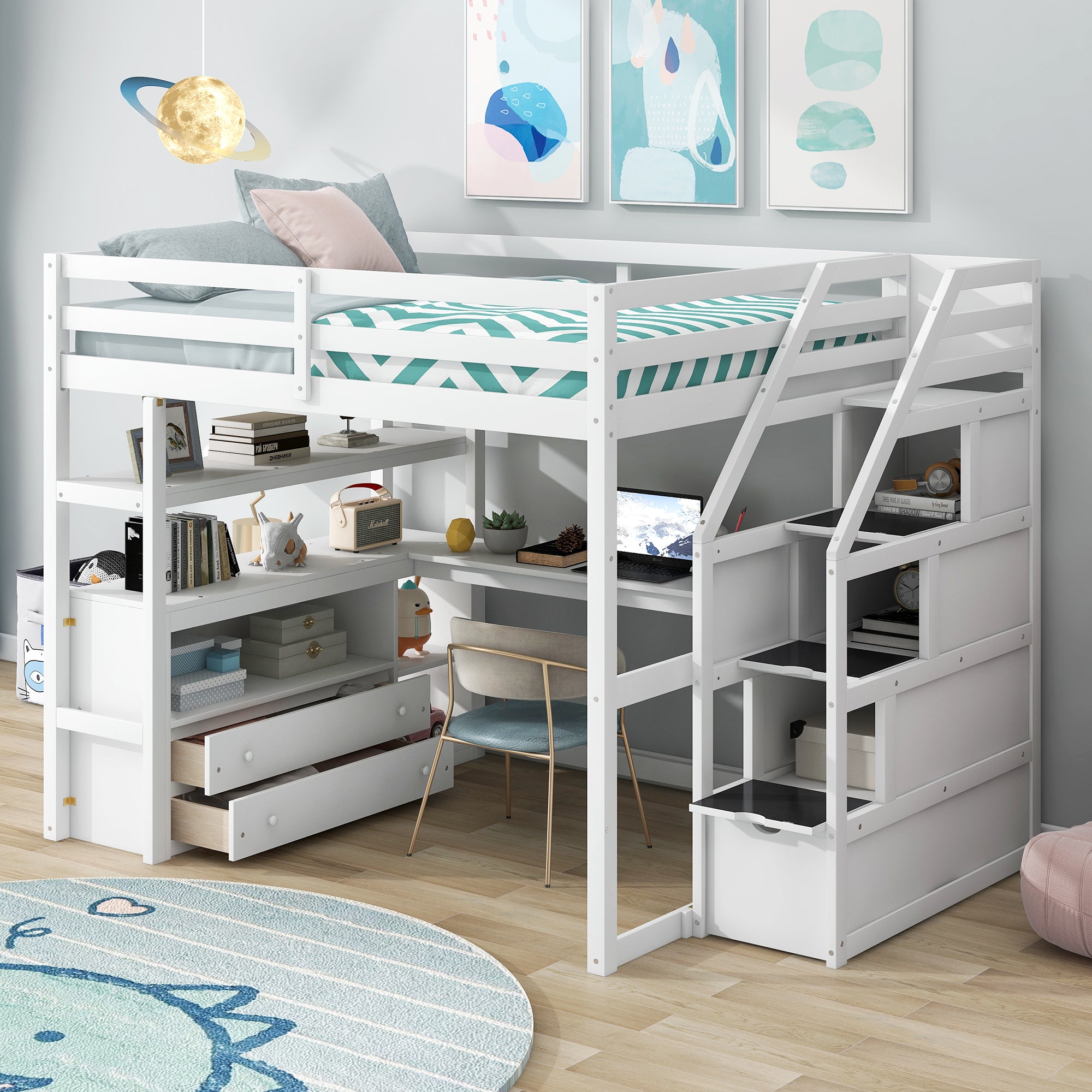 🆓🚛 Full Size Loft Bed With Desk and Shelves, Two Built-In Drawers, Storage Staircase, White