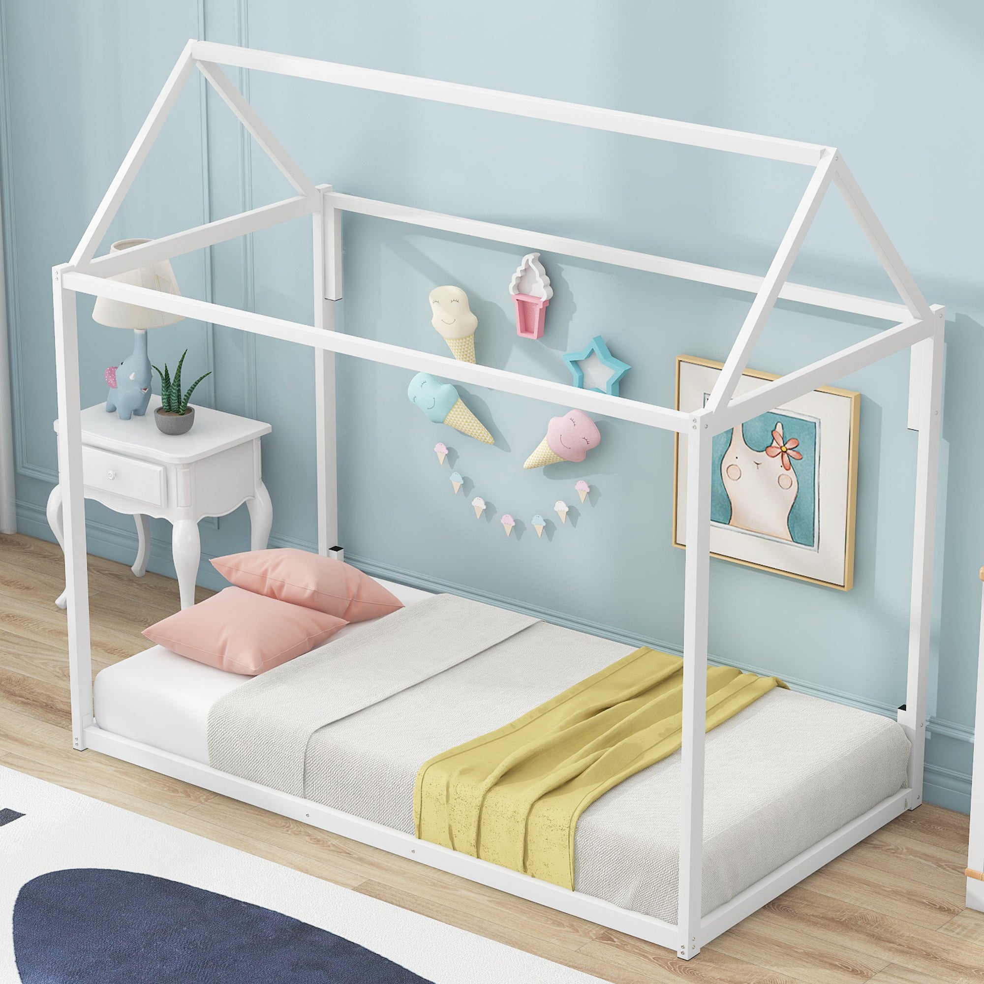 🆓🚛 Metal House Shape Platform Bed, Twin, White