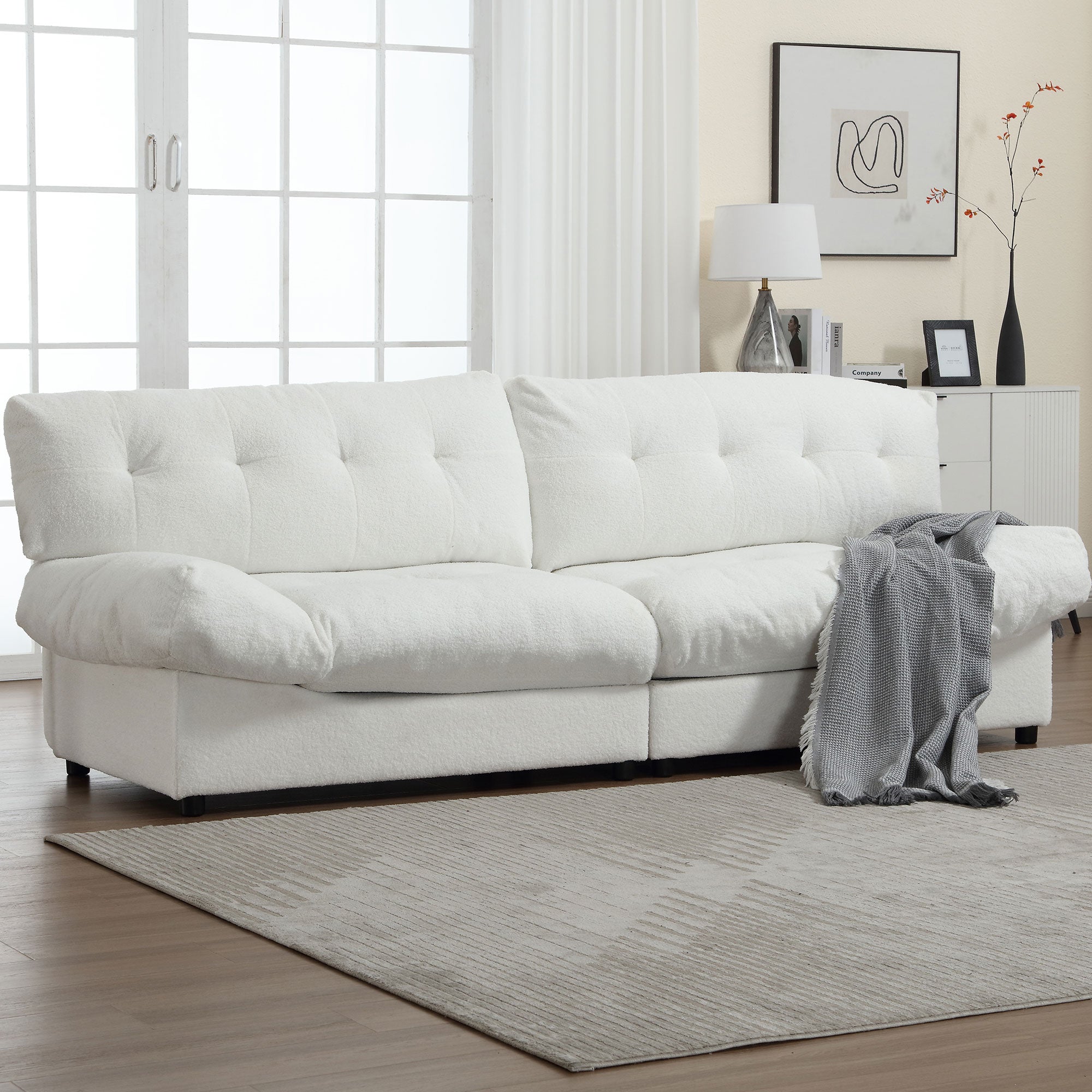 Cloud Style Sofa, Teddy Velvet Fabric, Comfy Padded Cloud Couch for Living Room, Apartment, White