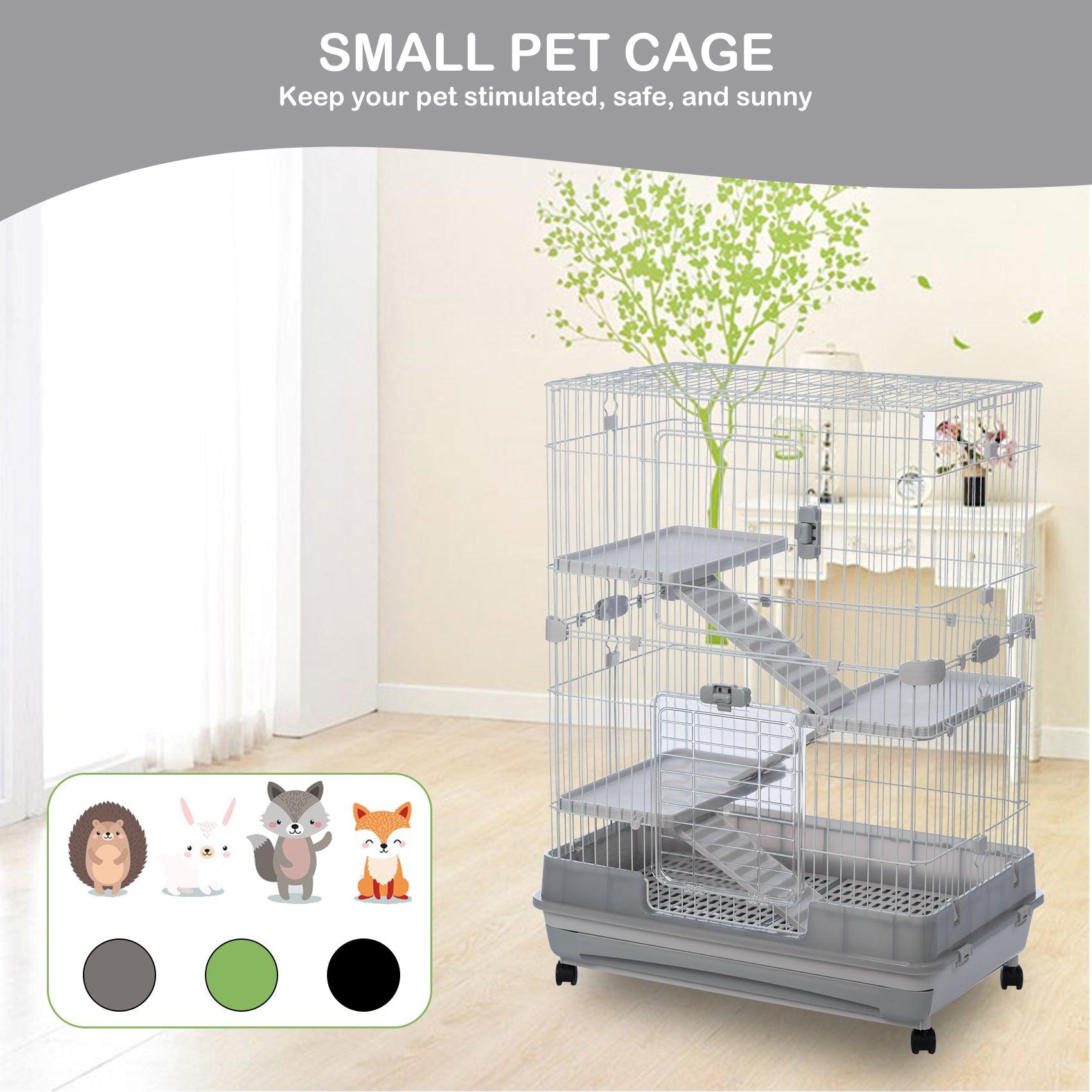 4-Tier 32" Small Animal Metal Cage Height Adjustable With Lockable Casters  Grilles Pull-Out Tray For Rabbit Chinchilla Ferret Bunny Guinea Pig Squirrel Hedgehog, GREY