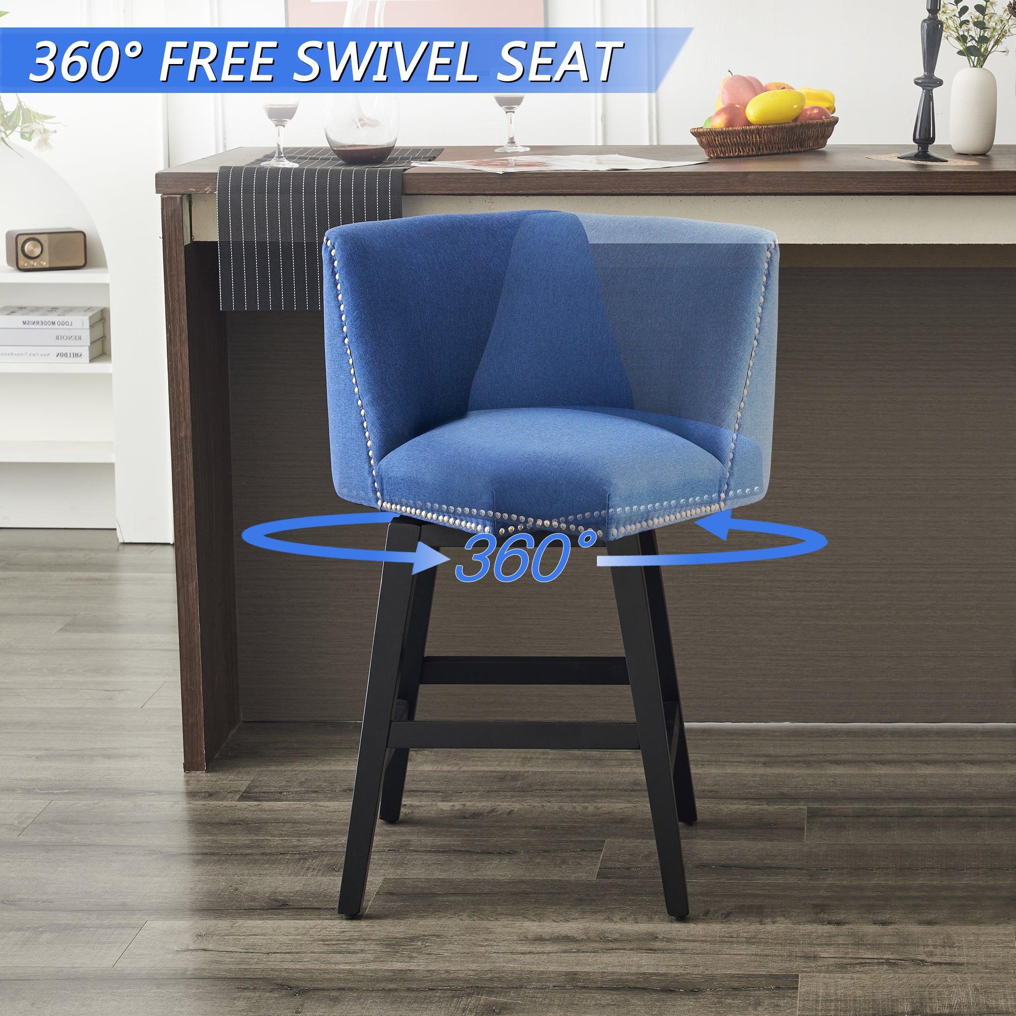 26" Upholstered Swivel Bar Stools Set of 2, Modern Linen Fabric High Back Counter Stools with Nail Head Design and Wood Frame