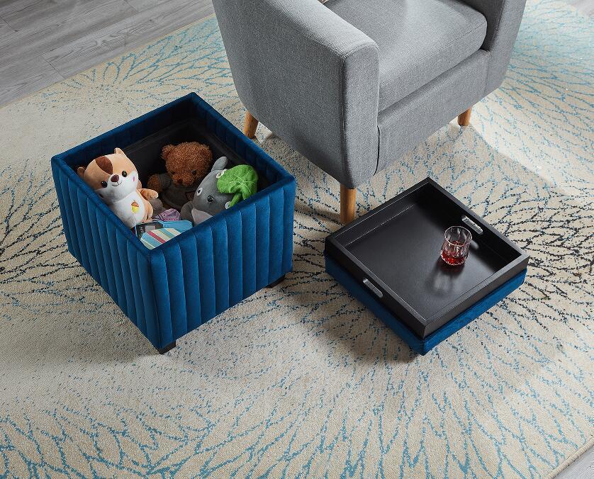 18" Wide Velvet Contemporary Square Cube Storage Ottoman, Blue